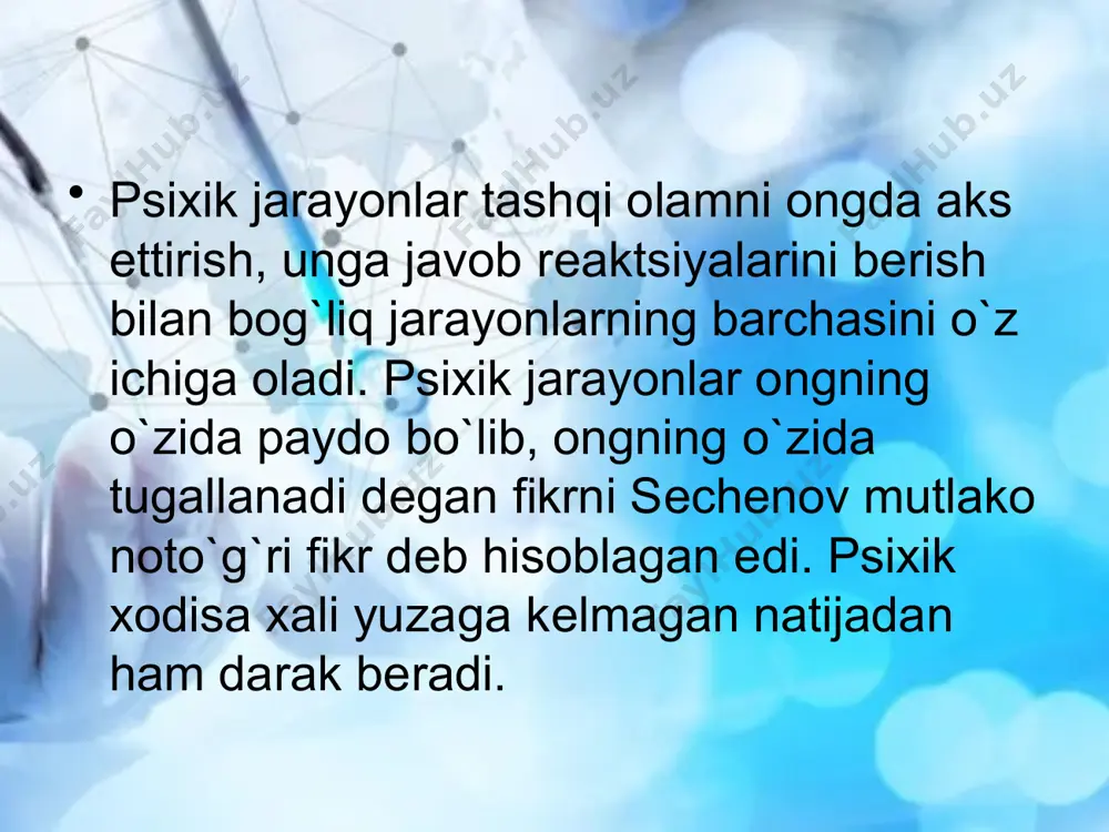 va ularning xossalari, tarkibiy qismlari, xususiyatlari, shakllari, harakati birlamchi hisoblanib, sezgilarning o`zi esa tashqi va ichki qo`zg`atuvchilarning sezgi a`zolariga ta`sir ko`rsatishining mahsulidir. ma`lumotlarga qaraganda, sezgilar moddiy borliqning, voqelikning haqqoniy tasvirini in`ikos qiladi, binobarin, moddiy olam qanday ko`rinishga, shaklga, xususiyatga ega bo`lsa, ular xuddi shundayligicha o`zgarishsiz aks ettiradi. boshqacha aytganda, periferik nervlarning uchlari (ko`z, quloq, teri, burun kabilar), ta`sirotni eltuvchi (affe­rent), javob qaytaaivchi (efferent) nerv tolalari, analiza­torlarning orqa va bosh miya markazlari analizatorini tashkil qiladi. jahon psixologiyasi fani so`nggi yutuqlari hamda atamalariga qaraganda sezgilar quyidagicha tasniflanadi (ushbu tasniflanishning dastlabki ko`rinishi ingliz olimi ch.sherringtonga tegishlidir):1) tashqi muhitdagi narsa va hodisalarning xususiyat­larini aks ettirishga moslashgan hamda retseptorlarga gavdaning tashqi qismiga joylashgan sezgilar, ya`ni eksterio-retseptiv sezgilar (retseptorlar); ichki a`zolar holatlarini in`ikos etuvchi hamda retseptorlari ichki a`zolarida, to`qimalarida joylashgan sezgilar, ya`ni interoretseptiv sezgilar; gavdamiz va tanamizning holati hamda harakatlari haqida ma`lumot beruvchi, muskullarda, bog`lovchi paylarda, mushaklarda joylashgan sezgilar, ya`ni proprioretseptiv sezgilar. sezgi to`g`risida umumiy tushuncha. …