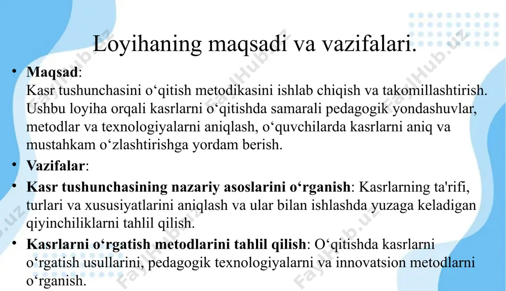 fatini yaxshilashga qaratilgan. kasrlarni taqqoslash. teng kasrlar daraxt metodi xulosa va takliflar loyihaning umumiy natijalari. kurs loyihasi doirasida kasr tushunchasini o‘qitish metodikasini tahlil qilish va kasrlarni o‘rganish jarayonida qo‘llaniladigan zamonaviy metodlar hamda texnologiyalarni ko‘rib chiqish amalga oshirildi. yangi metodlar, jumladan, gamifikatsiya, interaktiv yondashuvlar, mobil ilovalar va pbl metodlari orqali kasrlarni o‘rganish samaradorligini oshirish mumkinligi ko‘rsatildi. o‘qituvchilarga va ta’lim muassasalariga beriladigan tavsiyalar. o‘qitish metodikalarini yangilash: ta'lim muassasalariga kasrlarni o‘rgatish bo‘yicha yangi metodlarni o‘qituvchilarga o‘rgatish va ular uchun treninglar tashkil etish taklif etiladi. bu metodlar yordamida o‘quvchilarga kasrlarni o‘rganish samaradorligini oshirish mumkin. resurslar bilan ta'minlash: ta'lim muassasalari o‘qituvchilarga kasrlarni o‘rgatish uchun zarur bo‘lgan ko‘rgazmali materiallar, dasturlar va interaktiv platformalar bilan ta'minlashlari zarur. foydalanilgan adabiyotlar ro‘yxati xudoyberdiyev, n., & shodmonov, a. (2018). matematika o‘qitish metodikasi. toshkent: o‘zbekiston respublikasi o‘qituvchilarni tayyorlash markazi. tursunov, m., & azizov, n. (2020). kasrlar va ularni o‘qitish metodikasi. toshkent: ta'lim nashriyoti. karimov, r. (2019). matematika darslarida innovatsion yondashuvlar. toshkent: …