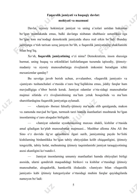 miyat odamlar uyushmasining maxsus shakli, kishilar o‘rtasida amal qiladigan ko‘plab munosabatlar majmuasi... mashhur alloma abu ali ibn sino o‘z davrida ilg‘or qarashlarni ilgari surib, jamiyatning paydo bo‘lishi kishilarning birdamlikka bo‘lgan tabiiy ehtiyojidan kelib chiqqanligini, ijtimoiy tengsizlik, tabiiy holat, mehnatning ijtimoiy taqsimlanishi jamiyat taraqqiyotining asosi ekanligini ko‘rsatdi»1. · jamiyat insonlarning umumiy manfaatlari hamda ehtiyojlari birligi asosida, ularni qondirish maqsadidagi birikuvi va kishilar o‘rtasidagi ijtimoiy munosabatlar, aloqadorlik, hamkorlik ifodasidir. «jamiyat» bilan «fuqarolik jamiyati» kabi ijtimoiy kategoriyalar o‘rtasidagi muhim farqlar quyidagilarda namoyon bo‘ladi: · mazkur har ikki murakkab sistema, avvalo, o‘z mohiyati va tuzilmaviy tarkibi bilan ajralib turadi. an’anaviy ma’nodagi jamiyat o‘z tarkibiga barcha ustqurma hodisalari bilan birga davlatni ham qamrab oladi. fuqarolik jamiyatining tarkibiga, uning institutsiyaviy elementlari qatoriga davlat kirmaydi. siyosiy davlat bilan fuqarolik jamiyati o‘zaro qarama-qarshi, lekin birga faoliyat yurituvchi,amal qiluvchi dialektik juftlikdir; · an’anaviy jamiyat muayyan mamlakatda, ya’ni bir makon va zamonda hayot kechiruvchi barcha aholini qamrab oladi. fuqarolik jamiyati …