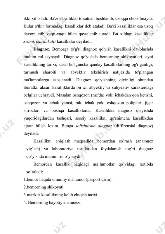 nov, i.p pavlov, kliniklardan m. ya mudrov, s.p.botkin, g.a. zaxarin va boshqalar kasallikning rivojlanishida bemorni turmush sharoiti qanday rol o'ynaganligi masalasiga katta ahamiyat berganlar. ba'zi kasalliklar ancha yil ilgari, hatto bolalikda boshdan kechirilgan bo'lib, bemorni hozirgi kasalligiga ba'zan bevosita bog'liq bo'ladi. bemorni ish va turmush, atrof-muhit sharoiti, oila a'zolari o'rtasida ro'y bergan kasalliklar, yomon odatlar haqida yig'ilgan ma'lumotlar turmush yoki hayot anamnezi (anamnesis vitae) deyiladi. (vita-hayot). turmush anamnezini to'plash quyidagi tartibda olib boriladi: bemorni tarjimaiy holiga oid ma'lumot to'planadi. so'ngra bemorning ilgari boshidan kechirga va nasldan-naslga o'tgan kasalliklari aniqlanadi. naslni aniqlashning muhim ahamiyati shundaki, bunda bemorni u yoki bu kasallikka nisbatan moyilligi bilib olinadi. suhbat oxirida jinsiy va oilaviy turmushi, ish va yashash sharoiti va nihoyat, zararli odatlar (tamaki, nosvoy chekish, spirtli ichimliklar ichish, ba'zan narkotik moddalar iste'mol qilish va hokazolar) aniqlanadi. bemorni yuqoridagi tartibda savol javob qilib tekshirish sub'yektiv tekshirish usuliga kiradi. bu usulda tekshirish tugallangach, tekshirishning ob'yektiv usuliga …