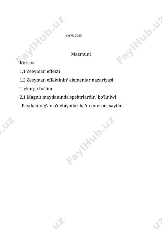 . onıń ohirgi tájiriybelerinen biri (1862 y.) elektromagnit polyusı arasıǵa qoyılǵan natriy puw lari spektrini maydan berilgen hám joǵatılǵan payıtlarda baqlawdan ibarat edi. bunda hesh qanday hádiyse júz bermegen bunday bolıwına faradey isletgen texnikalıq qurallardıń rawajlanıwlashmaganligi (spektral apparattıń ajrata alıw qábileti tómen hám isletilingen magnit maydanları kúshsiz bolǵanlıǵı ) sebep bolǵan. faradeyning birinshi magnito-optikalıq jańa ashılıwlarıdan rosa yarım ásir ótkennen, zeeyman (1896 y.) sırtqı magnit maydanı tásirinde spektral sızıqlar chastotasınıń hálsiz ózgeriwin taptı. zeeyman apparatınıń prinsipial sxeması faradeyning sońǵı tájiriybesidegi apparatqa uyqas kelar edi. biraq bunnan keyingi tájiriybelerde zeeyman za’ru’rli qosımsha kirgizdi: zeeyman spektral sızıqlar chastotasınıń ózgeriwin baqlawdan tısqarı, lorents ko'rsat málerine muwapıq bul sızıqlar qutplanıwınıń xarakterine da dıqqat jalb etdi; ekenin aytıw kerek, sol waqıtta lorents optikalıq hádiyselerdiń elektron teoriyasını da rawajlantirayotgan edi. zeeyman tájiriybeleriniń sxeması hám kadmiyning júdá ensiz jasıl -kók chizigi ushın ámelge asırıw múmkin bolǵan eń ápiwayı haldaǵı nátiyjeleri tómendegiden ibarat. bir jınslı 10 000- ls …
