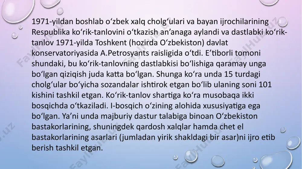 uhamedovlar shular jumlasidandir. boqijon rahimjonov o‘zbek xalq cholg‘ulari va bayan bo‘yicha o‘tkazilgan i va ii respublika sozanda ijrochilar ko‘rik-tanlovlarining (1971, 1974 yy.) sohibi bo‘lgan. 1984-yilda o‘zbekiston davlat konservatoriyasida “xalq cholg‘ularida ijrochilik” kafedrasi professori murod toshmuhamedov tashabbusi bilan tuzulgan “sayqal” nomli g‘ijjakchilar orkestri xalqaro va respublika ko‘rik-tanlovlari hamda festivallarda faol ishtirok etib, orkestr ijrochiligi san’atining rivojiga o‘z hissasini qo‘shib kelmoqda. e’tiboringiz uchun rahmat!!! image2.png image3.png image1.png /docprops/thumbnail.jpeg