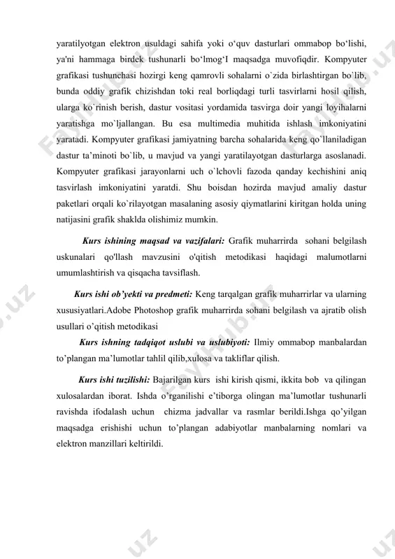 di. microsoft paint-minimum imkoniyatga ega sodda grafik muharrir bo‘lib, windows operatsion tizimi bilan o‘matiladi, jiddiy masalalarni yechishda qo‘llanilmasa ham har holda eslab o‘tishimizga loyiqdir. unda web-sahifa uchun rasm tayyorlanadi va gif ga o‘tkazilganda ajoyib rasm hosil bo'ladi. shuning uchun sodda grafik muharrirlardan o‘z o‘rnida foydalanish kerak. microsoft photo editor - bu muharrir asosan fotografiyalar bilan ishlash uchun moijallangan. ko‘pincha microsoft office paketi bilan joylashtiriladi, shuning uchun ham keng tarqalgan. microsoft image composer - microsoft firmasining grafikani qayta ishlovchi bir muncha rivojlangan dasturlaridan biri. ishlab chiqaruvchilar fikriga ko‘ra internet uchun grafika tayyorlashda adobe photoshop muharririga raqobatdosh deb hisoblanadi. microsoft mahsulotining asosiy xususiyati shundaki, uning interfeysi sodda va qulay. bu muharrir diskda kam joy egallaydi va juda tez o‘rnatiladi. lekin, poligrafiyada foydalanadigan tasvirlar uchun asqotmaydi. microsoft gif animator- animatsiya grafika muharriri va web-sahifa yaratish uchun mo‘ljallangan dastur microsoft front page bilan birgalikda qo‘yiladi. bu dasturlaming o‘ziga xos jihati, agar oldin web-saytning sahifalarida …