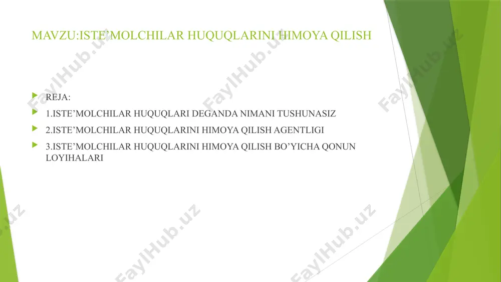 e’molchilar nomuayyan doirasining) manfaatlarini ko‘zlab qo‘zg‘atiladigan da’volar bo‘yicha davlat boji to‘lashdan ozod qilinadilar. ўзбекистон республикасининг қонуни истеъмолчиларнинг ҳуқуқларини ҳимоя қилиш тўғрисида 1-модда. ушбу қонунда қўлланиладиган асосий тушунчалар ушбу қонунда қуйидаги тушунчалар қўлланилади: 2-модда. истеъмолчиларнинг ҳуқуқларини ҳимоя қилиш тўғрисидаги қонунчилик истеъмолчиларнинг ҳуқуқларини ҳимоя қилиш тўғрисидаги қонунчилик ушбу қонундан ва бошқа қонунчилик ҳужжатларидан иборатдир. қорақалпоғистон республикасида истеъмолчиларнинг ҳуқуқларини ҳимоя қилиш қорақалпоғистон республикаси қонунчилиги билан ҳам тартибга солинади. қонунчилик ҳужжатлари ушбу қонунда белгиланган истеъмолчиларнинг ҳуқуқларини чеклаб қўйиши, уларни ҳимоя қилишнинг кафолатларини камайтириши мумкин эмас. 3-модда. халқаро шартномалар ва битимлар олдинги таҳрирга қаранг. агар ўзбекистон республикаси иштирок этган халқаро шартнома ёки битимда истеъмолчиларнинг ҳуқуқларини ҳимоя қилиш тўғрисидаги ўзбекистон республикаси қонунчилигида назарда тутилганидан бошқача қоидалар белгиланган бўлса, халқаро шартнома ёки битим қоидалари қўлланилади. e’tiboringiz uchun rahmat image1.jpeg image2.jpeg image3.jpeg image4.jpeg /docprops/thumbnail.jpeg