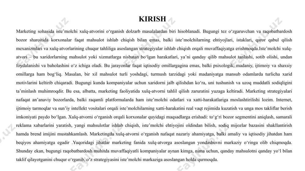 holda ularning madaniyati, qadriyatlari, texnologiyaga bo‘lgan munosabati, ijtimoiy tarmoqlardagi faolligi kabi omillar inobatga olinishi lozim.shu sababli, marketing strategiyasining har bir bosqichi — mahsulot g‘oyasini yaratishdan tortib, reklama, savdo kanallari va xizmat ko‘rsatish tizimigacha bo‘lgan barcha elementlar — mijozning xulq-atvorini tushunish va uni qondirishga qaratilgan bo‘lishi kerak. bu esa kompaniyalarga to‘g‘ri mahsulotni, to‘g‘ri auditoriyaga, to‘g‘ri vaqt va to‘g‘ri uslubda yetkazishga imkon beradi. xulq-atvorga ta’sir qiluvchi asosiy omillar omillar turi tavsifi misollar ichki omillar shaxsning ichki holatiga bog‘liq bo‘lgan omillar. ular qaror qabul qilish, idrok, motivatsiya, shaxsiyat kabi elementlarni o‘z ichiga oladi. motivatsiya, ishonch, emotsiya, shaxsiy qadriyatlar shaxsiy omillar iste’molchining yoshi, kasbi, daromad darajasi, turmush tarzi kabi individual xususiyatlari 25 yoshli talabaning ehtiyoji bilan 50 yoshli tadbirkorning ehtiyoji farqlanadi psixologik omillar iste’molchining ichki fikrlash tizimi, qarorlarni qanday qabul qilishi, idrok va o‘rganish jarayonlari motivatsion bosim, reklama xabari bilan uyg‘ongan ehtiyoj tashqi omillar ijtimoiy va madaniy muhit iste’molchining tanloviga katta ta’sir ko‘rsatadi. urf-odatlar, …