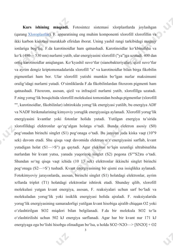 ronlar, ayrim xrllarda triplet (t1) holatdagi elektronlar ishtirok etadi. shunday qilib, xlorofill molekulasi yutgan kvant energiya, asosan, f. reaksiyalari uchun sarf boʻladi va molekuladan yorugʻlik yoki issiklik energiyasi holida ajraladi. f. reaksiyalarida yorugʻlik energiyasining samaradorligi yutilgan kvant hisobiga ajralib chiqqan o2 yoki oʻzlashtirilgan so2 miqdori bilan belgilanadi. f.da bir molekula so2 toʻla oʻzlashtirilishi uchun 502 kj energiya sarflanadi. agar har bir kvant nur 171 kj energiyaga ega boʻlishi hisobga olinadigan boʻlsa, u holda so2+n2o—> [sn2o] + o2 jarayonining toʻla amalga oshishi uchun 700 nm uzunlikdagi 3 kvant nur zarur. pekin yutilgan kizil nurlarning foydali ish koeffitsiyenta 40% boʻlganidan bir molekula so2 oʻzlashtirilishi uchun 8 kvant nur zarur. r. emerson (1957) xlorella suv oʻtida oʻtkazgan tajribalarida nurlarning aralash spektrlarida f.ning samaradorligini aniqladi. masalan, 710 nm qizil nurdan 1000 kvant yutilganda 20 mol. o2, 650 nm nurlar uchun esa bu koʻrsatkich 100 molekula o2ga teng boʻladi. 710 va 650 nm nurlar bir …