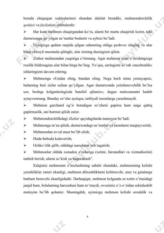 an bo’lsa kerak. hatto uyimizda yotgan bemor ham biroz bo’lsada kasalini unutib mehmon bilan suhbat qurgisi keladi. hayotda hamma ham yaxshi mehmondo’st uy egasi va har kim – kutilgan, qiziqarli mehmon bo’la olmaydi. buning uchun avvalambor mehmonlar qimmatbaho idishlar, kumush jihozlar va boy taomlar bilan mehmon qilish shart emas. juda oddiy mazali taom tayyorlash mumkin; eng muhimi, kelgan mehmonlar o’zlarini yaxshi va dildan ularning kelishlaridan xursand ekanliklarini ko’rishishidadir. kutilmagan mehmonning tashrifi kishini sevintiradi, lekin ba’zida noqulay ahvolga ham solib qo’yadi. shuning uchun birovnikiga tashrif buyurmoqchi bo’lsangiz, boriladigan vaqtni, uning nima qilishini va turmush tartibini hisobga olish kerak. eng yaxshisi, qaysi vaqtda borilsa malol kelmasligini uy sohibidan shaxsan yoki telefon orqali so’rash kerak. mehmonga ertalab va kechasi borilmaydi. odob qoidalariga ko’ra, mehmonga soat 12 dan soat 20 gacha bo’lgan vaqt oralig’ida boriladi. mehmonga borganda mayda-chuyda tartib-qoidalarni ham esdan chiqarmaslik kerak. eshik oldiga kelgach, eshik qo’ng’irog’ini qisqagina chalish, yoki eshikni sekingina taqqillatish …