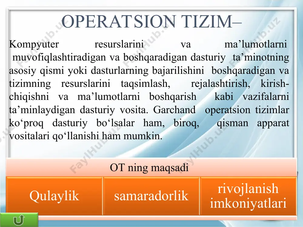 inux ilk bor 1991yili liniustorvalds tomonidan chiqarilgan. linuxning muhim xususiyatlaridan biri – u bepul dasturiy ta’minot fondi doirasida, gnu oshkora litsenziyasiga ko‘ra bepul tarqatiladi. asosan, internetda va intratarmoqlarda serverlar yaratish uchun qo‘llanadi. linux mac os operatsion tizimi mac os (makintosh operatsion tizimi) - grafik interfeysga ega operatsion tizimlar oilasi. apple tomonidan macintosh kompyuterlar liniyasi uchun ishlab chiqilgan. mac os-ning grafik interfeys versiyasini chiqarilishi uning ommalashishiga sabab bo`ldi. u 1984 yilda original macintosh 128k bilan birga taqdim etilgan. mac os ot ish stoli