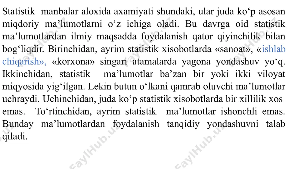 iy qismi o‘zbekiston respublikasi prezidenti devoni xuzuridagi arxiv va uning viloyatlardagi bo‘limlarida, o‘zbekiston kompartiyasi, o‘zbekiston yoshlar ittifoqi xamda o‘zbekiston respublikasi markaziy davlat arxivida saqlanmoqda. statistik manbalar va davriy matbuot materiallari. sovet davrida davlat statistika xizmati yo‘lga qo‘yildi. 1918 yilda markaziy statistika boshqarmasi tuzildi. shu vaqtdan turkiston ssrda xam statistika tizimi shaxobchalari vujudga kela boshladi. statistik xisob iqtisodning turli tarmoqlari xamda ijtimoiy jarayonlarning boshqa muxim soxalarini qamrab oldi. jumladan, axoli, sanoat, qishloq xo‘jaligi, transport va aloqa, xalq ta’limi, savdo, moliya, sog‘liqni saqlash, mexnat va ish xaqi xamda boshqa soxalarga taalluqli statistik ma’lumotlar muntazam ravishda yig‘iladigan bo‘ldi. statistik ma’lumotlar o‘z vaqtida qisman nashr etilgan. 1960 yildan to 1983 yilga qadar rus tilida «o‘zbekiston xalq xo‘jaligi ___ yilda» nomli statistik to‘plami nashr etildi. mazkur to‘plam respublikamiz xalq xo‘jaligining barcha soxalariga doir faktik ma’lumotlar yig‘ilgandir. ammo statistik ma’lumotlarni asosiy qismi nashr etilmagan va xozirgi kunda arxiv fondlarida saqlanmoqda. statistik manbani taxlil qilish chog‘ida unga …