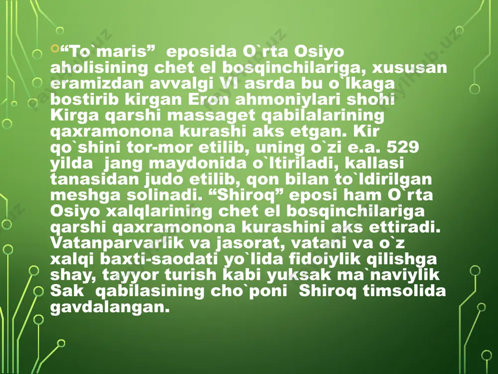 n olib iymon keltirgan kishilar bilan kemaga minadi. yer yuzidagi barcha tirik jonzot suvga g`arq bo`ladi. olti oy o`n kun deganda xudoi taoloning amri bilan to`fon qaytadi. kemadagilar salomat qolib judi degan tog`da kemadan quruqlikka o`tadilar. shu yerda ular bemor bo`ladilar, nuh payg`ambarning uch o`g`lu, uch kelini tuzaladi, boshqalar vafot etadi. shundan keyin nuh payg`ambar o`g`illariga:"odam farzandlaridan faqat uchalangiz qoldingiz. endi uchalangiz uch yurtda turing", deb ularni uch tomonga yuboradi. yofas alahissalom otasining amri bilan judi tog`idan jo`nab ketib, itil va yoyiq daryolarning yoqasini makon tutadi. shu yerda yana 250 yil yashaydi. avlodi ko`payadi. vafoti oldida to`ng`ich o`g`li gurkni qoldirib boshqa o`g`illariga shunday vasiyat kiladi. "gurkni o`zlaringga podshoh bilinglar, so`zidan chiqmanglar". o`g`illar ota vasiyatiga sodiq bo`lib qoladi, gurkni podshoh qiladilar. gurk odobli aqlli kishi edi. ota me`ros mamlakatni kezib chiqadi. issiqko`l bo`ylarini hushlab qolib, shu yerda yashaydi. xirgoh uyni, ya`ni chodir o`tovni to`qishni ixtiro qiladi. nuh alayhissalom zamonidan to alanchaxon …