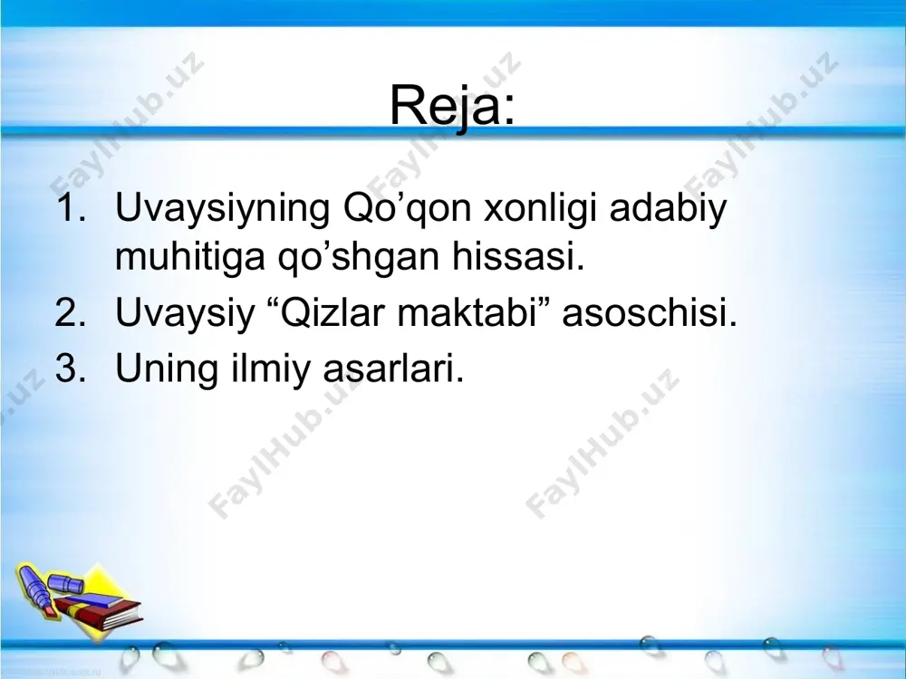 edagogika ularning asarla-riga singib ketgandir. ana shunday ma’rifatgaarvar o’zbek ayollaridan biri, xalqimiz orasida uvaysiy taxallusi bilan mashqur bo’lgan shoira jahon otin uvaysiydir. avvalo, shuni ta’kidlash kerakki, xix asr sharoitida maktablarning aniq bir ta’lim tizimi haqida gapirish bir oz qiyin. bu davrda asosan maktablarning, ya’ni ta’lim muassasalarining quyidagicha boshlang’ich maktablar tuzilishiga zga ekanini kuzatamiz: o’g’il bolalar maktablari otinoyi maktablari madrasalar o’g’il bolalarga diniy ta’lim-tarbiya beradigan boshlang’ich maqtablar; qiz bolalarga islom qoidalarini o’rgatadigan va boshlang’ich ta’lim beradigan maktablar o’g’il bolalarga diniy ta’lim beruvchi oliy ta’lim muassasalari yuqorida sanab o’tilgan ta’lim o’choqlari (otinoyi maktablaridan tashqari) vaqf daromadlaridan kelgan mablag’ hisobiga ta’minlanardi. qizlarga boshlang’ich diniy ta’lim beradigan otinbibi maktablari esa asosan xususiy bo’lib, otinlarning uylarida tashkil qilinardi. bunday maktablar muayyan bir o’quv rejasi va dasturiga ega amas edilar. uquvchilar ham sinflarsa bo’lib emas, balki bolalar o’qitiladigan kitoblarni o’zlashtirish darajasiga qarab guruhlarga bo’lib o’qitilardi. domla yoki otinoyi darsni berilgan vazifani o’qitib ko’rish va yangi toggshiriq …