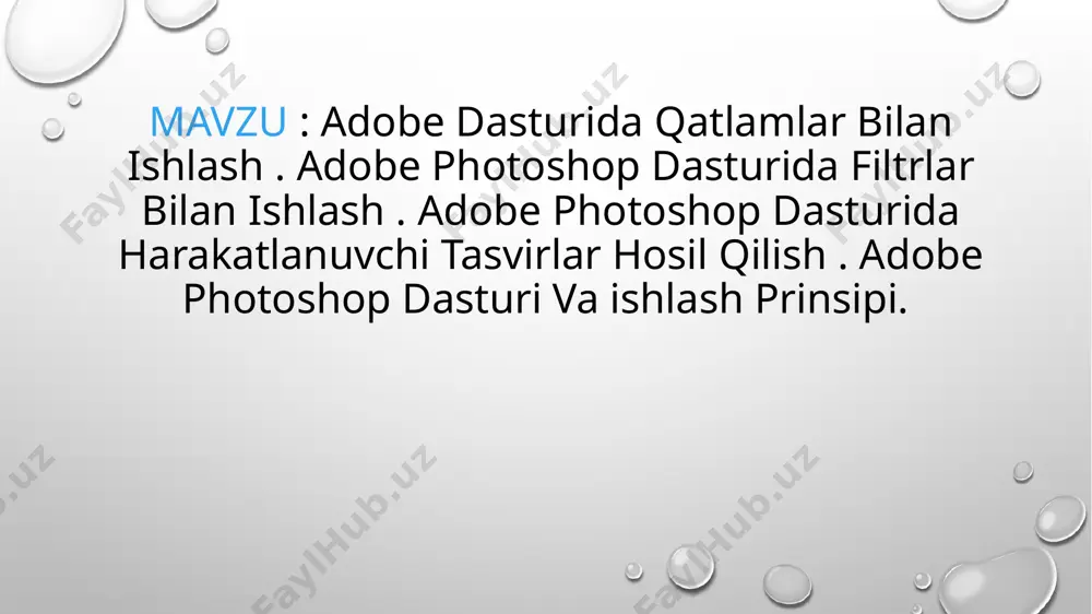 vebsayt: adobe.com/products/photoshop.html adobe photoshop grafik muharriri yordamida fotosuratlarga qo‘shimchalar kiritish, fotosuratdagi dog‘larni o‘chirish hamda eski rasmlarni qayta ishlash va tiklash, rasmlarga matn kiritish, qo‘shimcha maxsus effektlar bilan boyitish, bir fotosuratdagi elementlarni ikkinchi fotosuratga olib o‘tish, ranglarni o‘zgartirish, almashtirish mumkin. adobe photoshop imkoniyatlari keng qamrovli bo‘lib, u gazeta va jurnal-larni turli-tuman rasmlar bilan boyitishda juda katta qulayliklar yaratadi.. adobe photoshop ayniqsa dizaynerlar, rassomlarning ijodiy imkoniyatlarini to‘la amalga oshirishlarida yordam beradi. turli sohalar va bevosita matbuot yoki nashriyot sohasiga aloqador bo‘lgan shaxslarning m azkur dastur bilan ishlashni bilishi ular uchun qo‘shimcha imkoniyatlarni yaratib beradi. adobe photoshop juda m urakkab dasturdir. foydalanuvchilar uning asosiy imkoniyatlaridangina foydalanadilar, xolos. adobe photoshop tasvir tahrir qiluvchisi yordamida fotosuratlar-ga qo'shimchalar kiritish, fotosuratdagi dog'larni o'chirish, eski rasm-larni qayta ishlash va tiklash, rasmlarga matn kiritish, qo'shimcha maxsus effektlar bilan boyitish, bir fotosuratdagi elementlarni ikkinchi fotosuratga olib o'tish, suratdagi ranglami o'zgartirish, almashtirish mumkin. adobe photoshop imkoniyatlari keng qamrovli bo'lib, u gazeta …