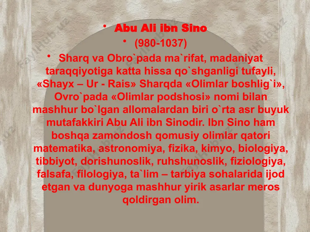 oladi, bu sohada unga ta`lim bergan kishi buxorolik abu mansur kamariy bo`ldi. ibn sino so`ngra falsafani o`rganishga kirishadi. ayniqsa, aristotel falsafasini, uning «metafizika» asari mohiyatini buyuk mutafakkir abu nasr forobiyning yozgan sharhi tufayli to`liq o`zlashtirib oladi. ix asr oxiri – x asr boshlariga kelib, o`lkada siyosiy-ijtimoiy vaziyat murakkablashdi. shu tufayli ibn sino xorazmga – urganchga ko`chib o`tadi. xorazmda u bir qator olimlar bilan hamkorlikda abu rayhon beruniy boshqarayotgan «ma`mun akademiyasi»da ilmiy ish bilan shug`ullana boshlaydi. xorazmda o`zining yirik asarlari – «tib qonunlari», «ash-shifo» kitoblari ustida ish olib boradi. mahmud g`aznaviy 1017 yilda xorazmni o`ziga qaram qilib olgach, nufuzli olimlarni ham o`z saroyiga chaqirib ola boshlaydi. ibn sino mahmud g`aznaviy saroyiga bormay, boshqa yurtlarga ketishga majbur bo`ladi. gurganjda, rayda, keyin esa hamadonda va umrining so`nggi yillari isfaxonda yashaydi. ibn sino 1037 yilda vafot etdi. ibn sino haqiqiy qomusiy olim sifatida o`z davridagi fanlarning hammasi bilan muvaffaqiyatli shug`ullangan va ularga oid ilmiy …