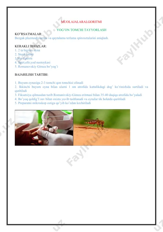 an qo‘shimcha hujjat bilan laboratoriyaga yetkazing muolajalar algoritmi “byurne” sinamasini qo’yish texnikasi maqsad: brutsellyozning bilvosita diagnostikasi kerakli jihozlar: 1.steril lotok 2.tuberkulin shpritsi 3.paxta sharlari 4.spirt 70% 5.brutsellinli ampula 6.idish dezinfeksiyalovchi eritma bilan ketma-ketlik: 1. jarayonga tayyorgarlik 2. qo'lingizni yuving, qo'lqop kiying 3. ampulani spirt bilan yaxshilab artib,oching (darhol foydalaning) 4. sterillikka rioya qiling 5. bilak sohasini uchga bo’lib o’rta qismini spirt bilan arting va qurushini kuting. 6.chap qo'lning ko'rsatkich barmog'i bilan terini bir oz torting, allergenni to'g'ridan-to'g'ri teri orasiga yuboring.("tugma" hosil bo'ladi, u 12-15 daqiqadan keyin yo'qoladi.) 7. paxta sharchasi qo'llanilmaydi muolaja yakuni: 1. qo'lqoplarni echib oling 2. qo'lqoplarni, igna bilan shpritsni, paxta to'plarini dezinfeksiyalovchi eritmaga joylashtiring. 3. qo'lingizni yuving va quriting reaksiyani hisobga olish: 24-48 soatdan keyin shifokor tomonidan amalga oshiriladi keskin ijobiy reaktsiya - haroratning ko’tarilishi, regionar limfadenit, infiltratning diametri 6 sm dan ortiq. ijobiy - umumiy reaktsiya, diametri 3-6 sm zaif ijobiy - diametri 1 sm dan …