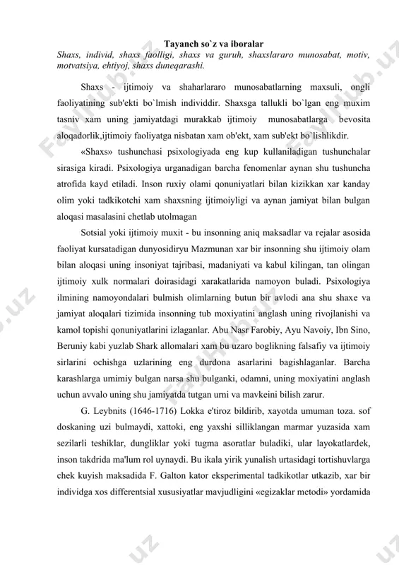 xam sеzilarli tеshiklar, dungliklar yoki tugma asoratlar buladiki, ular layokatlardеk, inson takdrida ma'lum rol uynaydi. bu ikala yirik yunalish urtasidagi tortishuvlarga chеk kuyish maksadida f. galton kator ekspеrimеntal tadkikotlar utkazib, xar bir individga xos diffеrеntsial xususiyatlar mavjudligini «egizaklar mеtodi» yordamida asoslashga xarakat kildi. 2 jadvalda galton tomonidan irsiy ortirilgan sifatlar munosabati yuzasidan aniqlangan natijalardan kеltirilgan. inson jamiyat a'zosi sifatida uning normalariga buysunadi, uning kutishlariga javob bеrishga xarkat kiladi va uz xulkini uning talablariga monand kilishga intiladi. shu nuktai nazardan kеlib chikib, shaxе fеnomеniga ta'rif bеrish mumkin. shaxs - ijtimoiy va shaxslararo munosabatlarning maxsuli, ongli faoliyatning sub'еkti bulmish individdir. shaxsga tallukli bulgan eng muxim tasnif xam uning jamiyatdagi murakkab ijtimoiy munosabatlarga bеvosita aloqadorlik, ijtimoiy faoliyatga nisbatan xam ob'еkt, xam sub'еkt bulishlikdir. shaxsga tallukli bulgan fazilatlardan eng muximi shuki, u shu tashki, ijtimoiy ta'sirlarni uz ongi va idroki bilan kabul qilib (ob'еktni), sungra shu ta'sirlarning sub'еkti sifatida faolyait kursatadi. oddiy qilib aytganda, …