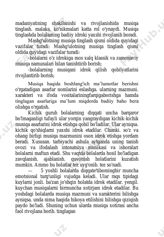 a tinglagan asarlariga ma’lum miqdorda badiiy baho bera olishga o'rgatish. kichik guruh bolalarning diqqati uncha barqaror bo'lmaganligi tufayli ular yorqin yangraydigan kichik-kichik musiqa asarlarini idrok etishga qobil bo'ladilar. ular ayniqsa. kichik qo'shiqlarni yaxshi idrok etadilar. chunki. so'z va ohang birligi musiqa mazmunini oson idrok etishga yordam beradi. xususan. tarbiyachi ashula aytganda uning tanish ovozi va ifodalash intonatsiya mimikasi va ishoralari bolalarni maftun etadi. shu vaqtda bolalarda hosil bo'ladigan zavqlanish. ajablanish. quvonish holatlarini kuzatish mumkin. ammo bu holatlar tez uyg'onib. tez so'nadi. — 5 yoshli bolalarda diqqate'tibomingbir muncha emotsional turg'unligi vujudga keladi. ular raqs tipidagi kuylarni jonli. ba'zan jo'shqin holatda idrok etadilar. yengil. kuychan musiqalarni birmuncha xotirjam idrok etadilar. bu yoshdagi bolalarda musiqa mazmuni va xarakterini bilishga ayniqsa. unda nima haqida hikoya etilishini bilishga qiziqish paydo bo'ladi. shuning uchun ularda musiqa xotirasi ancha faol rivojlana borib. tinglagan — 6 yoshli bolalarda esa erkin. ixtiyoriy tarzdagi diqqat e’tibor shakllanib. musiqani diqqatni yig'ib …