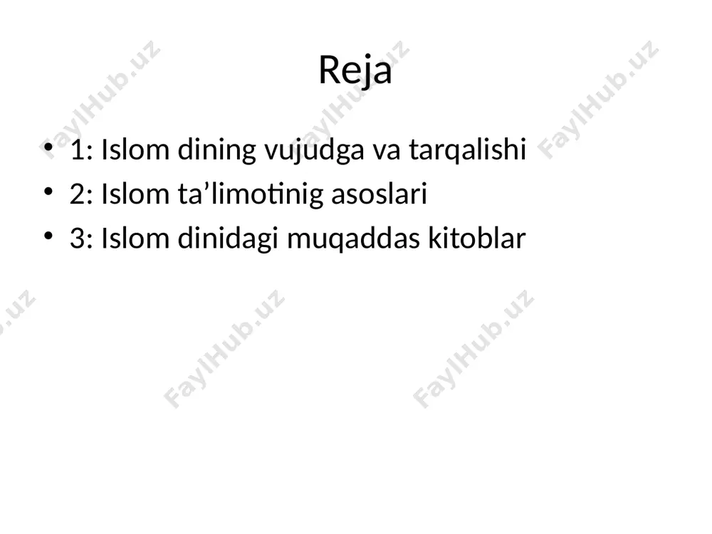 xabar beruvchi” degan ma’noni anglatadi.islomni qabul qilib,rasulullohga ergashgan uning izdoshlari “muslim” deb atalgan. muhammad (s.a.v) 630-yili arablarni yagona davlatga birlashtiradi.arab davlati yamandan sino yarim oroligacha,qizil dengiz sohillaridan markaziy qum sahrosigacha cho’zilgan hududlarni o’z ichiga olgan. muhammad vafot etgach,davlatni xalifalar boshqarganlar.632-yildan 661-yilgacha bo’lgan vaqt ichida 4 nafar xalifa hukmronlik qilgan.bular muhammadning qaynatalari abu bakr va umar,kuyovlari usmon va alilar edi. xalifa umar davrida suriya,falastin,misr,shimoliy afrika,iroq istilo qilinib, islom dini dunyo bo’ylab tarqala boshlagan.viii asrda o’rta osiyoda fath etilgan yerlarda aholini islom diniga kiritish harbiy to’qnashuv,da’vat hamda soliq siyosati bilan amalga oshirildi. islom dini ix-x asrlarda tataristonda, x-xii asrlarda boshqirdistonda tarqalgan. islom dining ta’limoti uning muqaddas kitobi qur’oni karimda bayon etilgan.unga ko’ra islom ta’limotining asosini imon,islom va ehson tashkil etadi.imon 7 aqidaga asoslanadi. 1.alloh-dunyodagi barcha mavjudotlarni yaratgan.olamda yuz bergan va kelajakda yuz beradigan barcha voqea va hodisalar,dunyoning tugashi va oxirat alloh tomonidan belgilangan va uning irodasi bilan sodir bo’ladi.u biluvchidir,u bilmaydigan ish …