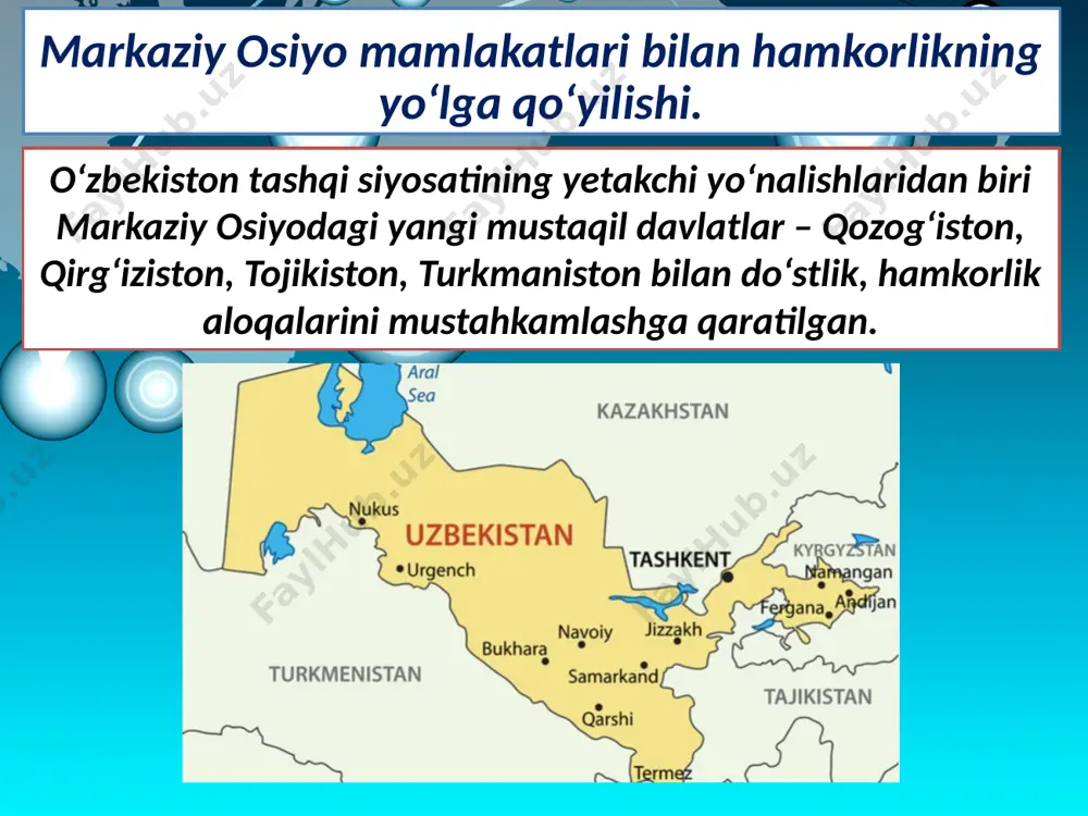 o‘tgan aqsh va arabmusulmon davlatlari sammitida ishtiroki doirasida tojikiston prezidenti imomali rahmon bilan ilk bor uchrashdi. arab-musulmon mamlakatlari va aqsh sammiti. 2017-yil. ar-riyod 2017-yilning aprelida 25 yillik tanaffusdan so‘ng dushanbe va toshkent o‘rtasidagi aviaqatnov yana tiklandi. o‘zbekiston – turkmaniston. 1991-yilda o‘zbekiston va turkmaniston prezidentlari uchrashuvida o‘zbekiston respublikasi bilan turkmaniston respublikasi o‘rtasida do‘stlik va hamkorlik to‘g‘risida shartnoma imzolangan. 2017-yil mart oyidagi muzokaralar yakunida prezidentlar o‘zbekiston bilan turkmaniston o‘rtasida strategik sheriklik to‘g‘risidagi shartnomani imzoladilar. savol va topshiriqlar: 1. mustaqillikning dastlabki yillarida nima sababdan o‘zbekiston, eng avvalo, markaziy osiyo davlatlari bilan do‘stlik, hamkorlik aloqalarini mustahkamlashga e’tibor qaratgan? 2. 2017-yil markaziy osiyo davlatlari bilan hamkorlikda qanday tub o‘zgarishlar bo‘ldi? 3. qo‘shimcha manbalardan foydalangan holda nursulton nazarboyevga “el-yurt hurmati” ordeni berilishi sabablarini izohlang. 4. o‘zbekiston respublikasi prezidenti shavkat mirziyoyevning xorijiy mamlakatlardagi ilk tashrifi qaysi davlatga bo‘ldi? 5. “turkiston – umumiy uyimiz” shiorini izohlang. image3.jpeg image4.jpeg image5.jpeg image6.png image7.jpeg image8.jpeg image9.jpg image10.jpg image11.jpeg image12.jpeg image13.jpeg image14.jpeg …
