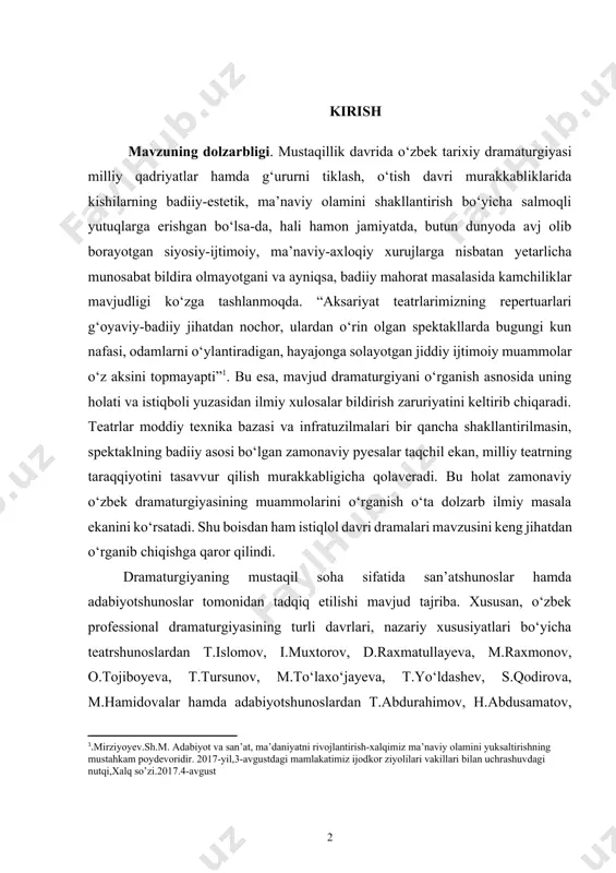 bazasi va infratuzilmalari bir qancha shakllantirilmasin, spektaklning badiiy asosi bo‘lgan zamonaviy pyesalar taqchil ekan, milliy teatrning taraqqiyotini tasavvur qilish murakkabligicha qolaveradi. bu holat zamonaviy o‘zbek dramaturgiyasining muammolarini o‘rganish o‘ta dolzarb ilmiy masala ekanini ko‘rsatadi. shu boisdan ham istiqlol davri dramalari mavzusini keng jihatdan o‘rganib chiqishga qaror qilindi. [1: .mirziyoyev.sh.m. adabiyot va san’at, ma’daniyatni rivojlantirish-xalqimiz ma’naviy olamini yuksaltirishning mustahkam poydevoridir. 2017-yil,3-avgustdagi mamlakatimiz ijodkor ziyolilari vakillari bilan uchrashuvdagi nutqi,xalq so’zi.2017.4-avgust ] dramaturgiyaning mustaqil soha sifatida san’atshunoslar hamda adabiyotshunoslar tomonidan tadqiq etilishi mavjud tajriba. xususan, o‘zbek professional dramaturgiyasining turli davrlari, nazariy xususiyatlari bo‘yicha teatrshunoslardan t.islomov, i.muxtorov, d.raxmatullayeva, m.raxmonov, o.tojiboyeva, t.tursunov, m.to‘laxo‘jayeva, t.yo‘ldashev, s.qodirova, m.hamidovalar hamda adabiyotshunoslardan t.abdurahimov, h.abdusamatov, b.abulxayirov, m.azimova, x.azimova, m.aliyev, b.jalilov, q.jo‘rayev, b.imomova, s.kamoliddinov, a.nomozov, n.odilova, m.otajonova, d.rasulmuhammedova, sh.rizayeva, i.rustamova, a.soliyev, i.sultonov, b.sheraliyev, g.qarshiyeva, i.g‘aniyev kabilar bevosita tadqiqot olib borgan. joriy tadqiqotni amalga oshirishda o‘zbekistonlik olimlar bilan birga xorijlik mutaxassislarning ham ishlari manba sifatida o‘rganib chiqildi. amerikalik olima laura adams[footnoteref:2]ning bevosita …