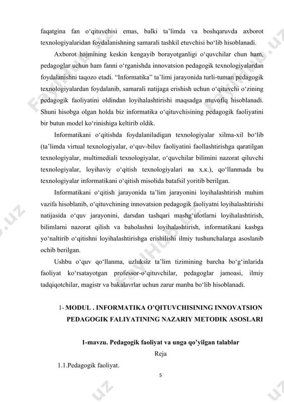 falari muvaffaqiyatli hal etilsa, ijtimoiy siyosiy iqlim keskin o‘zgaradi, odamlar ongida demokratik qadriyatlar qaror topadi. inson jamiyatdagi o‘rnini ongli ravishda o‘zi belgilaydi” degan fikrlari buning yaqqol namunasidir. shunday ekan, ta’lim muassasalarida innovatsion pedagogik va axborot-kommunikatsiya texnologiyalari (akt) integratsiyasi muhitini joriy etish va uning asosida ta’lim-tarbiya tizimida samarali natijalarni qo‘lga kiritishimiz lozim bo‘ladi. pedagogik faoliyat turlari. pedagogik faoliyat – bu pedagogning maxsus kasbiy tayyorgarligi va shaxsiy xulq-atvori qoidalariga amal qilgan holda ta’lim oluvchilarni har tomonlama rivojlantirishga yo‘naltirilgan ta’lim va tarbiya berish jarayonidir [85]. pedagogik faoliyat o‘qituvchi va o‘quvchining o‘zaro birgalikdagi faoliyati bo‘lib, ushbu faoliyat natijasida o‘qituvchi o‘quvchiga hissiy, axloqiy, intellektual va kasbiy jihatdan ta’sir etadi. o‘qituvchining pedagogik faoliyati o‘quvchining uch tomonlama rivojlanishiga olib kelishi lozim. ular: · nazariy jihatdan fanning asosiy tushuncha, qoida, qonunlarni o‘rganishi va xulosalar chiqara olishi; · amaliy jihatdan o‘rganilgan bilimlarni amaliyotda qo‘llash qobiliyati va ko‘nikmalarini, shuningdek, ijodiy faoliyat usullarini shakllantirish; · mafkuraviy, axloqiy, estetik g‘oyalarni tushunishi, dunyoqarashning …