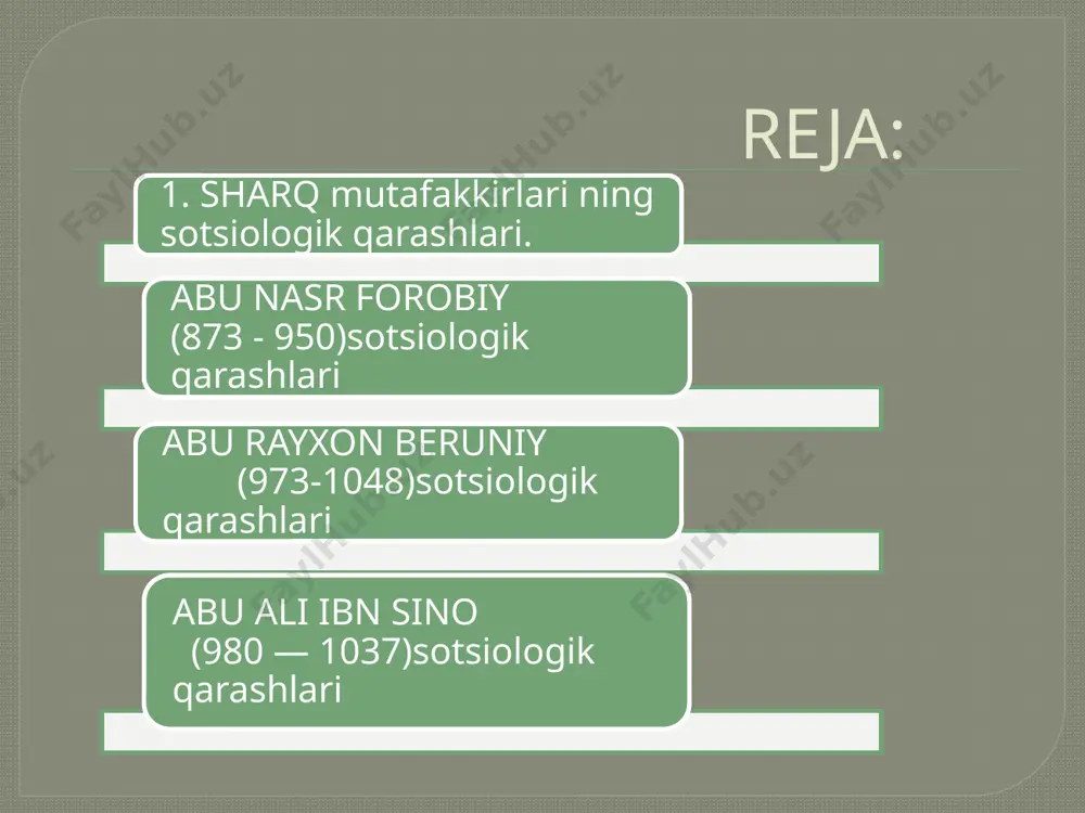 igini chuqur anglab, zamonaviy sotsiologiyada ko’p qo’llanuvchi ekspertlar yani o’z davrining yetuk donishmandlari fikrlariga tayanib ish tutish zarurligiga urg’u beradi. “donishmandlarga ishonib, ularga ergashuvchi odamlar o’sha narsalarni donishmandlar bilganlariday bilib oladilar. zero, donishmandlarning bilimlari, eng yahshi bilimlardur…” abu rayxon beruniy (973-1048) qomusiy olim abu rayhon muhammad ibn ahmad al-beruniy 362-yil 3-zulhijjada (milodiy 973-yil 4-sentabr) xorazmning qiyot (kot) shahrida dunyoga keldi. boshlang’ich ta'limni olgach, o’sha davrda fan-madaniyat taraqqiy etgan xorazmning peshqadam olimlaridan saboq oladi. mutafakkir jamiyatda adolat o’rnatish, uni yovuzliklardan xalos etish uchun dono, adolatli hukmdor bolishi kerak, deydi. abu rayhon beruniy ezgu tilakka etishga to’sqinlik qiluvchi ziqna-lik, yolg’onchilik, munofiqlik, manmanlik, takabburlik kabi nuqsonlar-ni qoralaydi, boylikka ruju quyish va ta'magirlik, g’azab va johillik inson uchun eng ashaddiy dushman deb qaraydi. beruniy sotsiologiyadagi muhim soha ijtimoiy tabaqalashuv haqida so’z yuritib, shunday deydi. “tillarning turlicha bo’lishiga sabab odamlarning guruhlarga ajralib ketishi, bir-biridan uzoq turishi, ularning har birida turli hohishlarni ifodalash uchun zarur bo’lgan …
