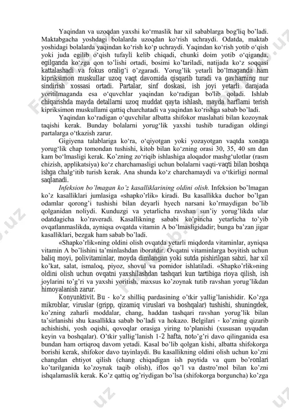 icha uzoqda turgan narsalarni aniq ajratish qobiliyatidir. ko’z akkomodatsiyasi ko‘z soqqasini harakatga keltiruvchi nervning parasimpatik tolalari bilan ta’minlanmagan kipriksimon muskullarning reflektor qisqarishi natijasida gavhar elastikligi o‘zgarishidan vujudga keladi. muskullar qisqarganda, kipriksimon bog’lamlar tonusi oshib, gavharning bo‘rtiqligi ortadi va nur sindirish kuchi ko‘payadi. narsa ko‘zga juda yaqinlashtirilganda kipriksimon muskullar shu xilda qisqaradi. kipriksimon muskullar bo‘shashganda kipriksimon bog’lamlar tortiladi va gavharning egriligi, nur sindirish kuchi kamayadi. uzoqdagi narsaga qaraganda shunday bo’ladi. narsa ko‘zdan 65 sm uzoqda bo’lganda kipriksimon muskullar qisqaradi. odam yaqindagi narsalarga qaraganda gavhar qavariqroq, uzoqdagi narsalarga qaraganda esa yassiroq bo’ladi. yaqindan va uzoqdan ko‘rish. yaqindan va uzoqdan ko‘rish tug‘ma bo’lishi, shuningdek, hayotda orttirilgan bo’lishi ham mumkin. yaqindan ko‘radigan kishilarda parallel nurlar markaziy chuqurchaning oldingi tomonida to‘planadi, akkomodatsiya natijasida kipriksimon muskullar doim tarang turadi. yaqindan ko‘radigan odamda tarqalgan yorug’lik nurlari ko‘zning markaziy chuqurchasiga tushadi. shuning uchun ham narsalarning tasviri aniq ko’rinmaydi. uzoqdan ko‘rishda ko‘zining uzun o‘qi kalta bo’lib qoladi va yorug’lik …