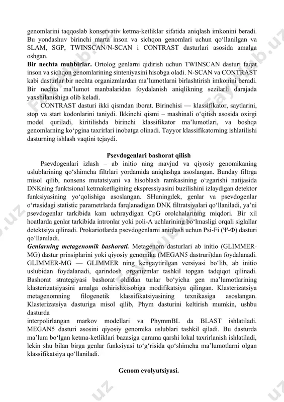 yoki birlashtirish uchun ishlatilishi mumkin. maker va maker – ii mavjud hisoblash resurslariga ko‘ra har qanday kattalik va miqyosdagi genomlarni tez izohlay oladi. aker va maker-p genomlardagi qaytariladigan elementlarga izox beradi va splaysing saytlarini aniq identifikatsiya qilish maqsadida rnk ning splaysing jarayonini xisobga olgan hoda, oqsil ma’lumotlari bilan solishtiradi. ab initio da genlarni bashorat qilishning bir tqancha bashoratchilarini ishga tushiradi, oqsillar va rnk taxririga ko‘ra, bashorat qilitngan gen modellarini solishtiradi, ab initi da gen modellarini olingan natijalar bilan taqqoslanadi. eng to‘g‘ri gen modellari sifatiy ko‘rsatkichlargsha ko‘ra tanlab olinadi, va u annotatsiyani tahrirlashning masofasi deb ataladi (angl. annotation edition distance, aed). maker va maker-p xabar interfeysi (mpi) uchun qo‘llabquvvatlash bilan juda parallel dasturlar bo‘lib, ular bir necha protsessorlardan samarali foydalanishga va sut emizuvchilar va o‘simliklarning katta genomlarini bir necha soat ichida izohlashga imkon beradi. maker model organizmlarlar genom uchun annotatsiya konveyeri sifatida qulay foydalanish uchun ishlab chiqilgan. maker bioinformatika soxasida yoki …