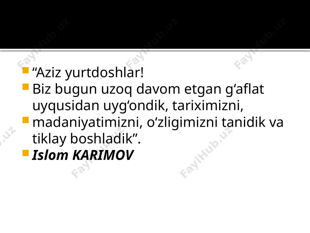 riy, iqtisodiy va ma’naviy jixatlari, istiqlolni mustaxkamlash yo‘llari bu darajada atroflicha talkin qilinmagan edi. ayniqsa, o‘zbekiston mustaqillikka erishgandan so‘ng ham kimdir xis-xayajon bilan, ba’zilar og‘ir-vazminlik bilan istiqlol haqida fikr yuritdi. lekin, uning kelajagi, istiqlolni yanada mustaxkamlash haqida biron bir ilmiy-taxliliy asar yoki maqola yuzaga kelmadi. ana shu nuqtayi nazardan i.a.karimovning bu asari respublikada yaratilajak istiqlol mafkurasi uchun nazariy asos, ma’naviy hayot uchun yo‘l-yo‘riq bo‘ldi. asarning "mustaqil o‘zbekistonni rivojlantirishning ma’naviy-ahloqiy negizlari" deb atalgan bobida o‘zbekistonni yanada rivojlantirishning o‘z yo‘li to‘rtta negizga asoslanishi, ya’ni: - umuminsoniy qadriyatlarga sodiqlik; - xalqimizning ma’naviy merosini saqlash va rivojlantirish; - inson o‘z imkoniyatlarini erkin namoyish qilishi; - vatanparvarlik - istiqlol mafkurasi uchun asos bo‘luvchi qoidalar sifatida ko‘rsatilib berilgani fikrimizning tasdig‘idir. karimov i. a. o’zbekiston: milliy istiqlol, iqtisod, siyosat, mafkura. asarlar 1-jild. –t.: “o’zbekiston”, 32-33-betlar. milliy urf-odatlar, qadriyatlar va an’analarning tiklanishi xalq turmush tarzi va ma’naviyatining tarkibiy kismini uning azaliy udumlari, odat, marosim va bayramlari tashkil qiladi. …