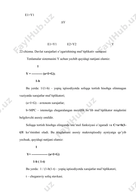 va h.k. demak, soliq mul’tiplikatorini quyidagicha tasvirlash mumkin: δy - b ----------- = ------- δt 1- b agar davlat byujetiga barcha soliq tushumlari joriy daromad–y dinamikasiga bog’liq deb hisoblasak soliq funksiyasi t = ty – ko’rinishni oladi. bu holatda iste’mol funksiyasi quyidagi ko’rinishga ega bo’ladi: s=a+b(y-ty)= a+b(1-t) y, soliq mul’tiplikatori esa quyidagi ko’rinishni oladi: -b mt = ----------- 1-b(1-t) bu yerda: mt – yopiq iqtisodiyot uchun soliq mul’tiplikatori. to’liq soliq funksiyasi t=ta+ty ko’rinishga ega. ta – avtonom soliqlar (masalan, mulkka, yerga soliqlar). to’liq soliq funksiyasini e’tiborga olsak, iste’mol funksiyasi quyidagi ko’rinishga ega bo’ladi: s=a+b[y-(ta+ty)] iiste’mol funksiyasining ushbu shaklini hamda sof eksport funksiyasini hisobga olib ochiq iqtisodiyot uchun soliq mul’tiplikatorini hisoblasak u -b mt = ------------------ ko’rinishini oladi. 1-b(1-t)+ m’ demak soliqlarni bir miqdorga kamaytirilishi yoki ko’paytirilishi natijasida yaim hajmining bundan necha marta ko’p miqdorga o’zgarishi iste’molga chegaralangan moyillik, chegaraviy soliq stavkasiga va importga chegaralangan moyillik darajalariga bog’liq ochiq iqtisodiyotda davlat …
