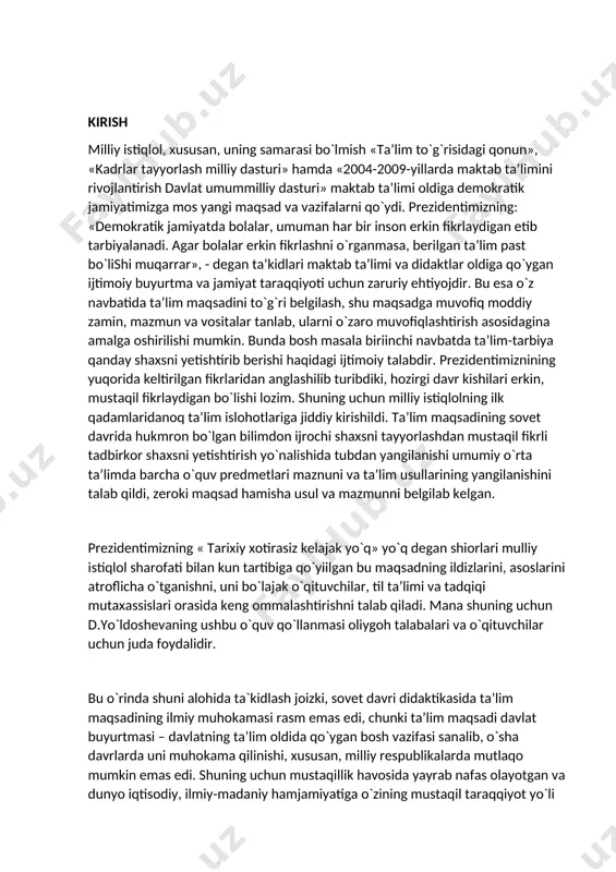 iyatimiz oldida ijtimoiy buyurtma – davlat buyurtmasi sifatida qo`yilgan maqsadning: - o`zbek tilida ta’limning qariyb o`n besh asrlik tarixiy taraqqiyoti bilan uzviy bog`liqligini, -prezidentimiz juda to`gri ta`kidlaganlaridek,» fojeali o`tmish, bosib o`tgan mashaqqatli yo`l»ga ega ekanligini, -bu silsilaning hozirgi kundagi holati uning zamonaviy oliy cho`qqisi bo`lib, -oldinda, istiqbolda rivojlanish, davr bilan uyg`unlashishning deyarli cheksiz imkoniyatlariga ega ekanligini, kishilik jamiyati tomonidan to‘plangan tajribalarni yosh avlodga o‘rgatish jamiyatda yashashining zarur shartidir. kishilik jamiyatining dastlabki davrlarida hali insonlar endigina tabiat qiyinchiliklari bilan kurasha boshlagan davrda ham o‘zlarining uncha ko‘p bo‘lmagan tajribalarini yosh avlodga o‘rgatganlar. masalan: gulxanni yoqish, yovvoyi hayvonlarini ovlash uchun qurollar tayyorlash yo‘llari va shu kabilarni o‘rgatganlar. bu davrda bolalarga hayot uchun zarur bo‘lgan bilim, ko‘nikmalarni o‘rgatish stixiyali holda amalga oshirilib, uni alohida faoliyat turi deb sanalmagan. lekin bu biz hozir ta’lim deb atayotgan faoliyatning o‘zi bo‘lgan. shuning uchun ham yosh avlodga insoniyat to‘plagan tajribalarni o‘rgatish orqali ularning jamiyat hayotiga qatnashtirish hamma vaqt …