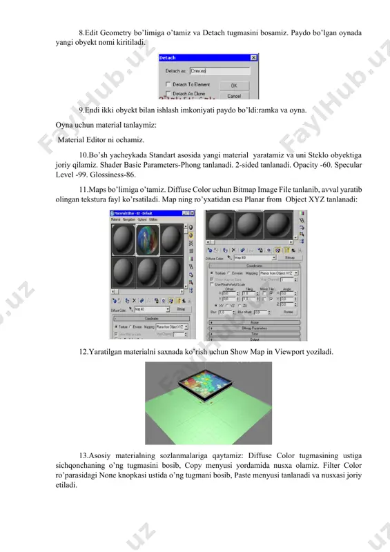 exponential ni yoqib qo’yamiz. 17.natija chiroyli ko’rinishi uchun mr area spot ning sozlanmalaridan spotlight parameters-hotspot/beam va falloff/filed lar to’g’ri sozlangan bo’lishi kerak. natijani ko’ramiz: rendering-render(f10 tugmasi)ni bajring. saxna vizualizatori sifatida mental ray ni tanlang. buning uchun assign renderer bo’limidan production oldida turgan ko’p nuqtali tugma bosiladi va ro’yxatdan mental ray tanlanadi. natija uchun render tugmasini bosing image6.png image7.png image8.png image9.png image10.png image11.png image12.png image13.png image14.png image15.png image16.png image17.png image1.png image2.png image3.png image4.png image5.png