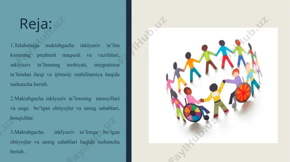 hun keng imkoniyatlar yaratildi. fanning vazifalari: ta'lim muassasasida imkoniyati cheklangan bolalar va o‘smirlarning ta'lim olishlari uchun zaruriy psixologik pedagogik, koreksion sharoitlarni yaratish, ularning imkoniyatiga yo‘naltirilgan umumta'lim dasturlari va korreksion ishlarni amalga oshirish orqali ruhiy rivojlanishi, ijtimoiy moslashtirishni amalga oshirish; o‘quvchilarning ta'limdagi tenglik huquqini kafolatlash; jamiyatning va oilaning faol ishtirokida nogiron va sog‘lom bolalarning ehtiyojlarini qondirish, ijtimoiy hayotga erta moslashtirish; imkoniyati cheklangan bolalar va o‘smirlarni oilalardan ajralmagan holda yashash huquqini ro‘yobga chiqarish; jamiyatda imkoniyati cheklangan bolalar va o‘smirlarga nisbatan do‘stona va mehr-muhabbatli munosabatni shakllantirish kabilardir. bola bu qanday imkoniyatga ega bo‘lishidan qat'iy nazar har doim kattalar yordamiga muhtoj farzanddir. uni alohidalash yoki alohida nom bilan “anamal bolalar”, ((ko‘r bolalar), (kar bolalar) va xakozo tushunchalar bilan ajratib ko‘rsatish insonparvarlik nuqtai nazariga to‘g‘ri kelmaydi. ushbu tushunchalar imkoniyati cheklangan bolalar va o‘smirlarning huquqlarini kamsitish bilan bir qatorda ota-onalarga ham salbiy ta'sir etadi. imkoniyati cheklangan bolalar normal rivojlanishdagi bolalar kabi topshiriq va vazifalarni tezlik bilan …