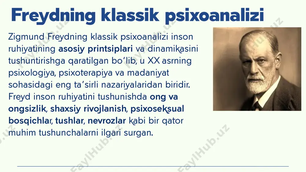 di. 5. sublimatsiya noqulay yoki ijtimoiy qabul qilinmaydigan istak va tuyg‘ularni ijtimoiy foydali faoliyatga yo‘naltirish. misol: agressiv hissiyotlarni nazorat qilish uchun sport bilan shug‘ullanish, boks o‘ynash yoki ijodiy faoliyat (masalan, rasm chizish) bilan band bo‘lish. 6. boshqacha yo‘nalishga yo‘naltirish (dislokatsiya) inson aslida qaratilgan his-tuyg‘ularni boshqa, xavfsizroq ob'ektga yo‘naltiradi. misol: ishdagi rahbarga bo‘lgan g‘azabini o‘z oila a'zolariga chiqarish. 7. repressiya (yotqizish) og‘riqli yoki stressli xotiralarni ongdan siqib chiqarish va unutish. misol: bolalikda boshdan kechirilgan travmatik voqeani katta yoshda eslay olmaslik. bu mexanizmlar inson ruhiyatida himoya rolini o‘ynab, og‘ir vaziyatlarda yordam beradi, lekin ortiqcha qo‘llanilganda shaxsiy rivojlanishga to‘sqinlik qilishi mumkin. freydga ko‘ra, tushlar asosan insonning ongsiz istaklari va ehtiyojlarining bajarilishi bo‘lib, bu istaklar aksariyat hollarda uyalish yoki ijtimoiy me'yorlar sababli ongli holda ifodalanmaydi. u shunday deb hisoblagan: tushlar insonning kecha va kunduz davomida ongsiz bo‘lib qolgan his-tuyg‘ularini yuzaga chiqarishning usuli hisoblanadi. freydning tushlar haqidagi asosiy g‘oyalari: tushlarning ikkita mazmuni freyd tushlarni ikki …