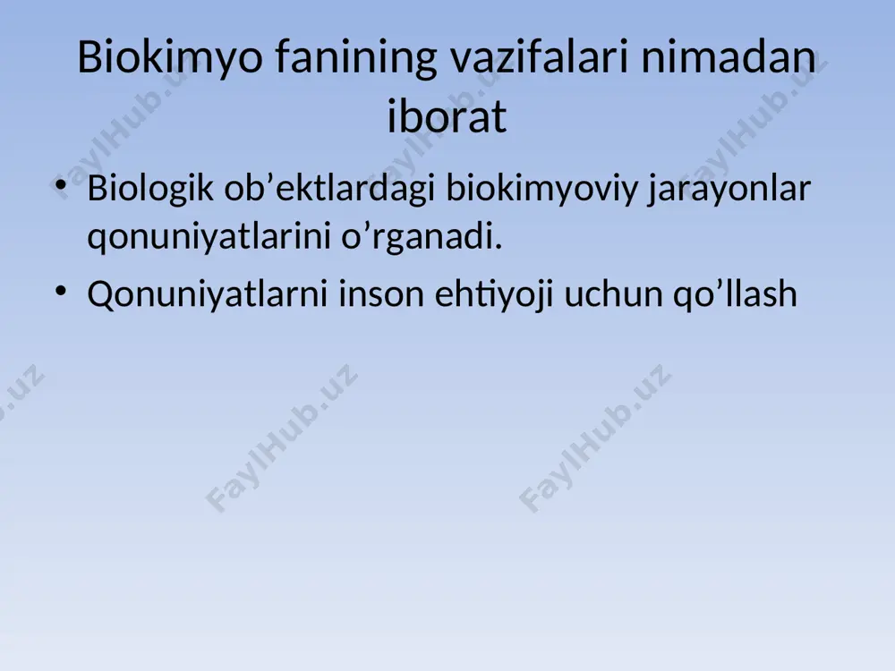 ik muhim bo‘lmasin, u jonli tabiatni tushunish, talabalarning dunyoqarashlarini shakllanishida katta ahamiyatga ega. biokimyo fanining zamonaviy tekshirish usullari; nishonlangan atomlar, xromotografiya, elektroforez, spektrofotometriya, rentgentostruktura analizi, elektron mikroskopiya, moddalarni ultratsentrafuga yordamida ajratish usullari keng qullaniladi. нujayraning kimyoviy tavsifi hujayraning kimyoviy tarkibini, uning ichki tuzilishini chuqur o‘rganish biologiyaning rivojlanishidagi asosiy yo‘nalish bo‘lib qoldi. hujayrada to‘xtovsiz kechib turadigan hayotiy jarayonlarning asosi modda va energiya almashinuvi bo‘lsa ham ularning vaqt va masofada tashkil topishi, idora qilinishi va boshqalarda hujayra komponentlari alohida ahamiyat kasb etadi. hujayra elementar tirik sistema, u mustaqil yashash, o‘zidan ko‘payish va rivojlanish qobiliyatiga ega. tirik jonzodlardagi hujayralar ikki katta guruhga bo‘linadi. ular prokariotlar va eukariotlar bo‘lib, bir-birlaridan o‘ziga xos tarzda tafovut qiladi. hujayra tarkibidagi komponentlar o‘z funktsiyalarini ma’lum darajada mustaqil ravishda bajarib tursa ham hujayra faoliyatida ular minglab reaktsiyalarni bexato kechishida to‘la uyg‘unlikda ishtirok etadi. hujayra membranasi modda yoki ionlarni faol yoki passiv ko‘chirishda xizmat qiladi. modda, ionlar ko‘chirilishida energiya sarf …