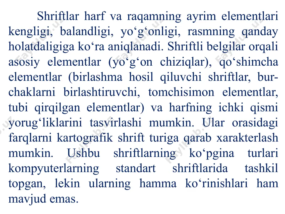 elgilardan biri — shriftning kontrasti, shuningdek yorug’likning bo’lishi va ele- mentlarning bir-biri bilan bog‘liqliklari xarakteri qabul qilingan. ko‘pgina avtorlar tomonidan 11 turdagi kategoriyalar taqdim qilingan, lekin biz maqsadimizga erishishimiz uchun, ana’naviy kategoriyalar xizmat qiladi. shulardan bir turi bu — oldstyle, ya’ni hech qanday nuqsonlarga ega bo‘lmagan zamonaviy dizayn. times new roman microsoft uighur goudy old style engravers mt shriftlar 6 ta asosiy guruhga bo‘linadi: 1)farqi yaqqol seziluvchi, bog‘lab turuvchi elementi asosiga nisbatan notekis va uzun-ingichka qirqilgan; 2) o‘rtacha farqla- nadigan (kontrastli), bog‘lanish elementi asos bilan bir xil silliq- likda va kalta qirqilgan; 3)deyarli kam farq qiladigan, bog‘lanish elementi asos bilan bir xilda va to‘g‘ri burchak shaklida qirqilgan; 4)kam farqlanadigan, notekis, keskin bog‘langan va uchlari asos kabi yo‘g‘onlikda to‘g‘ri qirqilgan; 5)ko‘zga yaqqol tashlanmaydigan, qirqilish chizig‘isiz; 6)turli xildagi shriftlar, grafik belgilariga ko‘ra yuqoridagi hech qaysi guruhga mansub emas. bu guruhga badiiy shriftlar xosdir. karta va atlasning mazmunini ochib berish va bezatilishi: geografik …