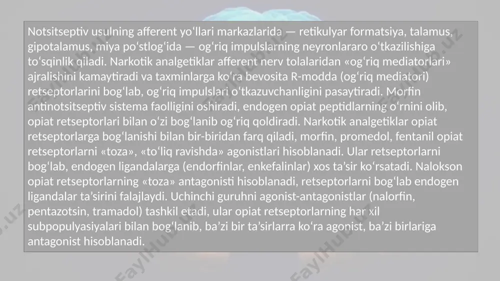ari — amidopirin, analgin, butadion. 3) anilin unumlari — fenatsetin, paratsetamol.09:12 pirazolon unumlaridan amidopirin haroratni tushirish, og‘riq qoldirish, yallig‘lanishga qarshi xususiyatlarga ega. asosan bosh og‘rig‘ida, nevralgiya, artrit, miozit, xoreya, ba’zan o‘tkir revmatizmda qo‘llaniladi. amidopirin davomli ko‘llanilganda qon sistemasiga salbiy ta’sir ko‘rsatib agranulotsitopeniya, agranulotsitoz, terida toshmalar, allergik jarayonlar keltirishi mumkin. analgin amidopiringa nisbatan ko‘proq qo‘llaniladi, chunki og‘riq qoldiruvchi va boshqa xususiyatlari kuchliroq, ta’siri tezroq boshlanadi. amidopirin, analgin og‘riq qoldiruvchi kombinirlangan moddalar-analfen, pentalgin, kofalgin, andipal, anapirin, baralgin tarkibiga kiradi. butadion yallig‘lanishga qarshi ta’siri bo‘yicha amidopirin, analgindan ustunroq, chunki prostaglandinlar biosinteziga bo‘lgan ingibitorlik ta’siri kuchliroq. asosan o‘tkir va surunkali revmatizmni, poliartritlarni, podagrani, xoreyani davolashda og‘iz orqali, parenteral va malham shaklida qo‘llaniladi. oshqozon va o‘n ikki barmoq ichak yarasida, qon, jigar va buyrak kasalliklarida, yurak va qon tomirlar etishmovchiligida qo‘llash man etiladi. amidopirin bilan butadionni kombinirlangan moddasi reopirin ham keng qo‘llaniladi. anilin unumlari fenatsetin va paratsetamol asosan og‘riq qoldiruvchi va haroratni tushiruvchidir, yallig‘lanishga qarshi …