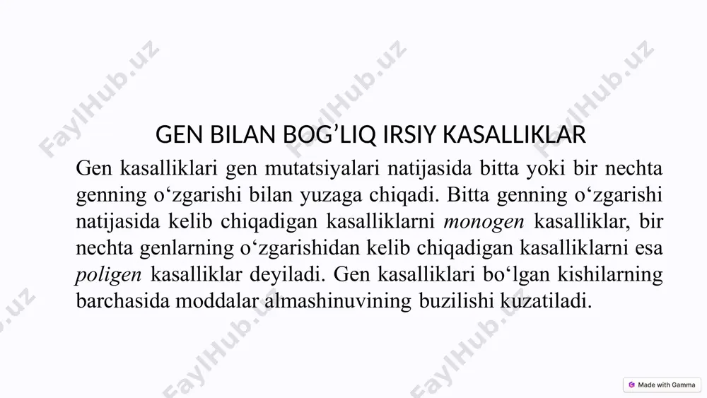 ar bu kasalliklar mukopolisaxaridlar almashinuvining buzilishidan kelib chiqadi. mukopolisaxaridlar lizosomalarda ko‘plab to‘planadi, chunki lizosomada ularni parchalovchi fermentlar bo‘lmaydi. mukopolisaxaridoz kasalligi bilan og‘riganlarda skelet, kalla suyagi, yuz, ko‘z va ichki organlar tuzilishi o‘zgaradi va aqliy zaiflik kuzatiladi. mukopolisaxaridlar taloq, tog‘ay, suyak ko‘migi va qo‘shuvchi to‘qimalarda to‘planib, qon va siydikka ajralib chiqadi. bu kasallik bilan og‘rigan bolalar uzog‘i bilan 12 yoshgacha yashashi mumkin. 11 gemofiliya jinsiy x-xromosomaga birikkan holda nasldan-naslga o‘tuvchi, retsessiv gen orqali irsiylanadigan kasallikdir. bu kasallik qonning ivishini ta’minlovchi oqsilni sintez qiladigan ferment strukturasining buzilishi natijasida yuzaga chiqadi. gemofiliya kasalligining irsiy xususiyatiga ega ekanligi ilgaridan ma’lum. ayrim ma’lumotlarga qaraganda, bu kasallik bilan faqat erkaklar kasallanishi v asrdayoq ma’lum bo‘lgan. hozirgi kunda gemofiliyaningbir qancha turlari ma’lum (a, b, c, d). gemofiliya bilan kasallanishda: a turiga 70-80 %, b turiga 6-18 % , c turiga esa faqat 1-2 % gina to‘g‘ri keladi. yuqorida ko‘rsatilgan omillarning yetishmasligi tomirlardan qon oqishini to‘xtatishda muhim rol …