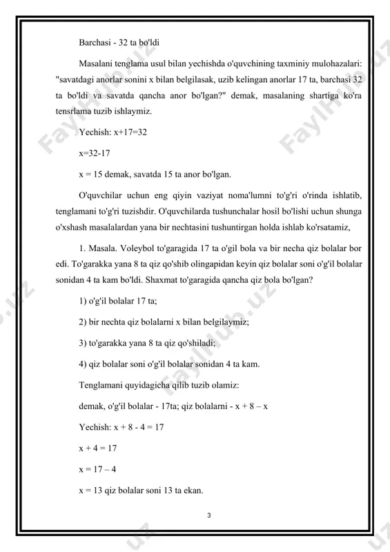 o'quvchilardan so'raymiz va ular og'zaki tojfadilar, tekshirishni ham og'zaki bajaradilar (6+7=13; 12 - 9=3; 16-9 =7). keyin tenglama atamasini no'malum son ekanligini tushuntirib o'tamiz. kerakli sonni tanlab, o'rniga qo'yganlaridan so'ng bunday tengliklar tenglamalar deb atalishini aytamiz. ya'ni "tenglamani yechish degan so'z, x ning o'rniga qo'yganda tenglik to'g'ri bo'ladigan sonni topish" demakdir. boshlang'ich sinflarda, xususan, ii sinfda o'quvchilarga bir no'malumli tenglamalarning ba'zi xillari yechilishlari bilan tanishtiramiz. tenglamalarni yechishda quyidagi qoidalarni bilish o'quvchilarga qiyinchilik tug'dirmaydi: 1. noma'lum qo'shiluvchini topish uchun yig'indidan ma'lum qo'shiluvchini ayiiish kcrak. 2. noma'lum kamayuvchini topish uchun ayirmaga. ayiriluvchini qo'shish kerak. 3. noma'lum ayiriluvchini topish uchun karpayuvchidan ayirmani ayirish kerak, 4. noma'lum bo'linuvchini topish uchun bo'linmani bo'luvchiga ko'paytirish kerak. 5. noma'lum ko'payuvchini topish uchun ko'paytmani ko'paytuvchiga bo'lamiz. o'qituvchining tenglama bilan tanishtiruvi ushbu ko'rinishdagi masalalarni yechish bilan amalsa oshiriladi: "noma'lum songa 4 ni qo'shishdi va 12 hosil qilishdi, noma’lum sonni toping?" . masala bo'yicha x+4=12 tenglama tuziladi. keyin o'quvchilarga “tenglamada …