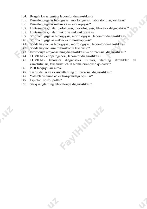 va ularning moddalar almashinuvidagi roli. vitamin d-gormonning yangi hususiyatlari? 107. buyrak kasalliklari bioximik markerlari? 108. miokard infarkti bioximik markerlari va xavf faktorlari? 109. osteoparoz laborator diagnostikasi va davolashni nazorat kilish? 110. moddalar almashinuvida jigarning roli? 111. jigar kasalliklari laboratr diagnostikasi? 112. gormonal boshqaruv asoslari. qalkonsimon bez gormonlarining moddalar almashinuvidagi roli? 113. podagra laborator diagnostikasi? 114. gemostazning zamonaviy tasavvuri. gemostaz sistemasi normada? 115. gemostaz sistemasining buzilishi. gipo va giperkoagulyatsiya. dvs? 116. gemostazni tekshirish usullari? 117. antikoagulyant terapiya nazorati? 118. allergik kasalliklar laborator diagnostikasi? 119. kin epiteliysining morfofunksional xarakteristikasi? 120. qin ajralmalarini mikroskopik tekshirish. surtmalarni gramm, ramanovskiy va metilen ko‘kida bo‘yash? 121. qin disbakteriozi laborator diagnostikasi? 122. qin dizbakteriozining namoyon bo‘lish variantlari? 123. bakterial vaginoz diagnostikasi? 124. leptotrixozning mikroskopik belgilari? 125. urogenital xlamidioz laborator diagnostikasi? 126. normal kin mikroflorasi va uning bo‘zilishi? 127. torch infeksiyalar, umumiy tavsifi? 128. torch infeksiyalar laborator diagnostikasi? 129. gonoreya, trixomoniaz etiologiyasi va patogenezi? 130. gonoreya, trixomoniaz laborator …