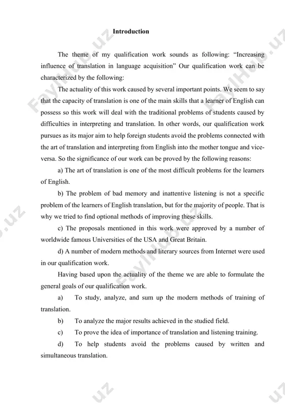 s of our qualification work. a) to study, analyze, and sum up the modern methods of training of translation. b) to analyze the major results achieved in the studied field. c) to prove the idea of importance of translation and listening training. d) to help students avoid the problems caused by written and simultaneous translation. if we say about the new information used within our work we may note that the work studies the problem from the modern positions and analyzes the modern trends appeared in this subject for the last ten years. mainly, the newality is concluded in a wide collecting of internet materials dealing with the translation training. the practical significance of the work can be concluded in the following items: a) the work could serve as a good source of materials for additional reading by students at schools, colleges and lyceums. b) the problem of translation training …
