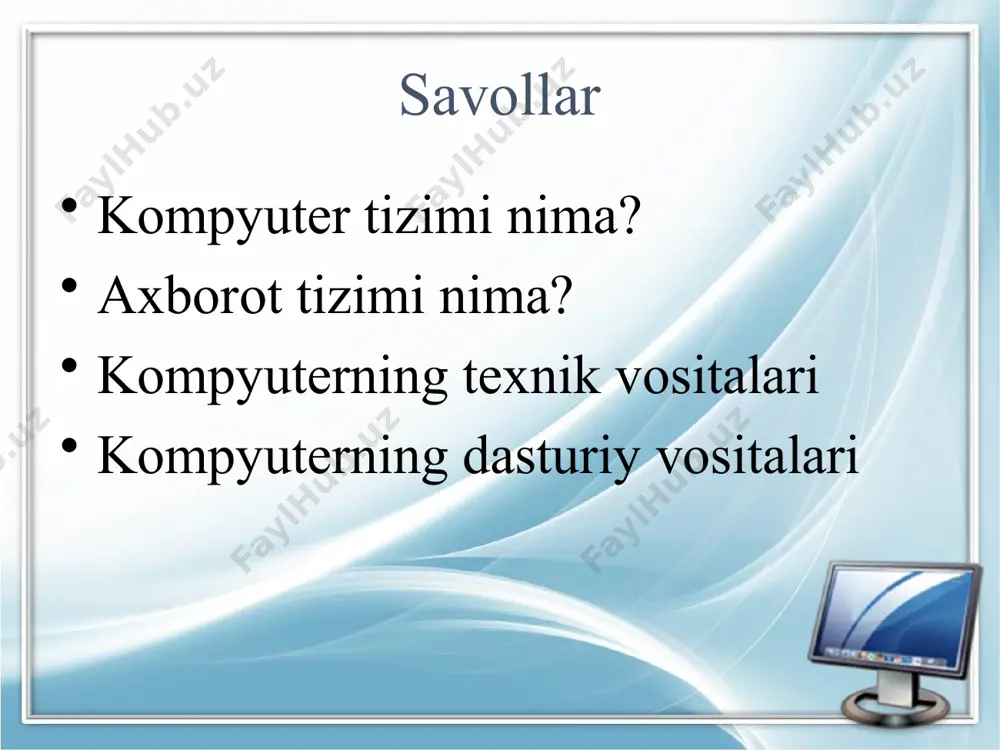 falari: fayl tizimi(fat32, ntfs, cdfs) ni boshqarish (yozish, o‘zgartish, fayllardan nusxa ko‘chirish, erkin foydalanishni nazorat qilish); dasturlar bajarilishini boshqarish (protsessor vaqtini taqsimlash, dasturlarni diskdan tezkor xotiraga yuklash, yashirin xavfli ta’sirni tutib olish va h.q.); xotirani boshqarish (keshlash, taqsimlash, ma’lumotlar butligi nazorati va h.k.); foydalanuvchi bilan muloqot (klaviaturadan, sichqonchadan buyruqlarni o‘qish, axborotni ekranga, printerga chiqarish va h.k.) operatsion tizimning vazifasi operatsion tizimning vazifasi ot tarixi shaxsiy kompyuterlarning operatsion sistemalari yaratilish tarixiga nazar solsak, sakkiz razryadli shaxsiy kompyuterlar uchun yaratilgan birinchi operatsion sistema cp/m – 80 (controll programm for microcomputers, ya’ni mikrokompyuterlar uchun boshqaruvchi dasturlar) nom bilan tanilgan. uning muallifi digital research kompaniyasining prezidenti geri kildell bo’lgan. ot tarixi 16 razryadli kompyuterlar uchun operatsion sistemalar yaratish jadallashdi va 1981 – yilda shaxsiy kompyuterlar uchun birinchi yaratilgan cr/m operatsion sistemasining ko’p g’oyalarini o’zida mujassamlashtirgan ms dos (microsoft disk operation system) operatsion sistemasi paydo bo’ldi. ot tarixi 1987 yili ibm va microsoft firmasi tomonidan …