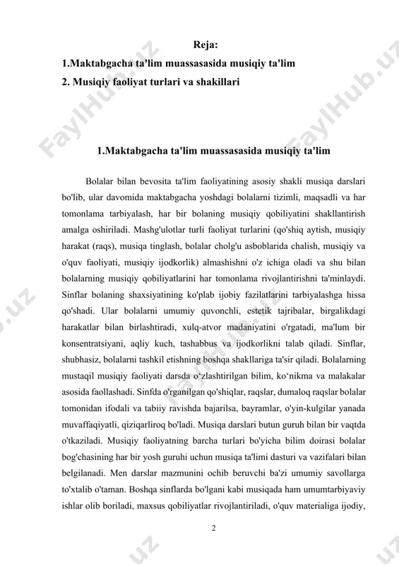 ilanadi. men darslar mazmunini ochib beruvchi ba'zi umumiy savollarga to'xtalib o'taman. boshqa sinflarda bo'lgani kabi musiqada ham umumtarbiyaviy ishlar olib boriladi, maxsus qobiliyatlar rivojlantiriladi, o'quv materialiga ijodiy, tashabbuskor munosabat shakllanadi. o'zlashtirilgan ko'nikmalar sifatiga qo'yiladigan talablar murakkablashadi va guruhdan guruhga kuchayadi. bolalarga bir vaqtning o'zida bir nechta musiqiy faoliyat turlarini (qo'shiq aytish, harakat qilish va hokazo) o'rgatishadi, bu, aytaylik, chizish, modellashtirish, matematika va hokazolarda, qayta qurish o'yinlarida emas, balki ular faqat harakatlarning rivojlanishi. musiqa darsini qurishning qiyinligi shundaki, o'qituvchi bolalarning diqqatini bir faoliyat turidan ikkinchisiga mohirona o'tkazishi kerak, mavzu va kayfiyat bilan farq qiladigan asarlar eshitilganda hissiy yuksalishni kamaytirmaydi. yana bir qiyinchilik - o'quv materialini o'rganish ketma-ketligi: dastlabki tanishish, o'quv jarayonida ko'nikmalarni egallash, o'rganilgan narsalarni takrorlash, mustahkamlash va amalga oshirish. bitta darsda ma'lum bir ishni o'rganish bosqichlari bir-biriga mos kelmasligi mumkin. masalan, ustida ishlanayotgan uchta qo‘shiqdan biri yaxshi o‘rganilib, ifodali ijro etilmoqda, ikkinchisi birinchi marta tinglanmoqda, uchinchisi endigina o‘rganilmoqda. musiqiy harakatlarni …