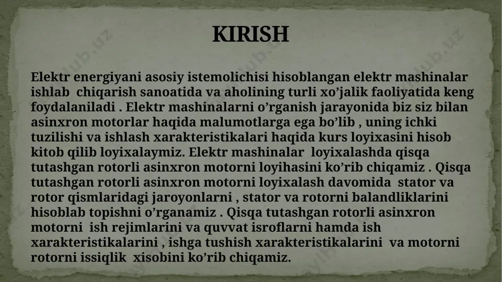 lama va magnit induksiyani aniqlash tish bo’linmasining chegaraviy qiymatlarini 3-rasmdan va bo’lishi mumkin bo’lgan tishlar soni oralig’ini aniqladim: tz1max=13 mm va tz1min=11 mm. bu qiymatlar yordamida stator pazlarini aniqlab oldim z = 54 ta . bu punktida asosan pazdagi oʻramlar sonini w=135, elektromagnit yuklama a=30,7* a/m , mashina hovo oraligʻini magnit oqimini =7,3* vb va magnit induksiyalarni =0.804 tl hisobladim . stator choʻlgʻamidagi tok zichligini j1=6,16*10⁶ a/m² . stator cho’lg’ami pazlari, o’ramlari soni va kesm yuzalarini tish qatlami va xavo oralig’i o’lchamlarini aniqlash 3-rasm . tish boʻlinmasining chegaraviy qiymatlari stator tishining kengligi bz1=4,79 mm , stator pazining balandligi hp= 19,95 mm va motorni statorini yuqori b1=8,92 mm va pastki tomoni uzunligi b2=6,91 mm , choʻlgʻam joylashdigan balandlik h1=17,34 mm va simlar joylashi uchun pazning koʻndalang kesim yuzasini s’p= 109,32 mm² boʻldi. stator cho’lg’ami pazlari, o’ramlari soni va kesm yuzalarini tish qatlami va xavo oralig’i o’lchamlarini aniqlash ish rejimlari parametrlarini hisoblashda …