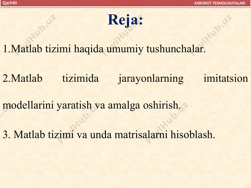 glamalari avtomatik ravishda tashkil etiladi. . * matlab tizimining interfeysi tavsifi. matlab tizimi foydalanuvchi komp’yuteriga o`rnatilganidan so`ng komp’yuterning “ishchi stoli” da hosil bo’lgan tugma orqali yoki boshqaruv panelining pusk>>programmi>>matlab r2007>>matlab r2007 tugmalaridan foydalanib ishga tushirish mumkin. matlab tizimini ishga tushirilgandan keyingi oynalari yechilayotgan masalaga bog’liq holda tizimning qo`shimcha oynalari ham chiqishi mumkin. matlab tizimining ba`zi bir ishchi oynalarini ko`rinish. matlab da matritsa elementlarini bir nechta usulda kiritish mumkin: -matritsa elementlarining to`liq ro`yhatini kiritish; -tashqi fayldan matritsa elementlarini yuklash; - ichki funksiyadan foydalangan holda matritsa elementlarini ishlab chiqish; - m-faylda mavjud funksiyalar orqali matritsa elementlarini hosil qilish. matritsa elementlarining to`liq ro`yhatini kiritish oddiy usul bo`lib, bunda matritsa elementlari kvadrat qavs [ va ] lar oralig’ida kiritiladi. uning satr elementlari probel yoki vergul orqali ajratib ko`rsatiladi va starni tugashi nuqta-vergul (;) bilan belgilanadi. quyida al’breht dyurerning g’aroyib matritsasi elementlarini matlab da kiritish va ular ustida amallar bajarishni ko`rib chiqamiz. a= bu matritsa …