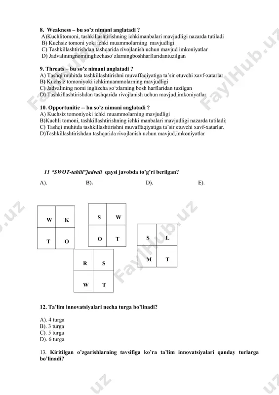 linadi? a). tarmoq (lokal), modul va tizim innovatsiyalari; b). radikal, modifikatsiyalangan hamda kombinatsiyalangan innovatsiyalar c). jamoa tomonidan bevosita yaratilgan yoki o’zlashtirilgan innovatsiyalar d). pedagogik jarayonda yoki ta’lim tizimini boshqarishda qo’llaniladigan innovatsiyalar. 15. ta’lim sohasi yoki o’quv jarayonida mavjud muammoni yangicha yondashuv asosida yechish maqsadida qo’llanilib, avvalgidan ancha samarali natijani kafolatlay oladigan shakl, metod va texnologiyalar ... deb nomlanadi? a). ta’lim vositalari b). ta’lim texnologiyalari c). ta’lim innovatsiyalari. d). ta’lim metodlari 16. ... muayyan tizimning ichki tuzilishini o’zgartirishga qaratilgan faoliyat. a).innovatsiya b). novatsiya c). gravitatsiya d). gradatsiya. 17. yangi g’oyalar, tizim yoki faoliyat yo’nalishini o’zgatirishga qaratilgan aniq maqsadlar, noan’anaviy yondashuvlar, odatiy bo’lmagan tashabbuslar, ilg’or ish uslublari. ular ... ko’rinishlari. a). texnologiyaning b). metodikaning c). innovatsiyaning d).loyihalashning. 18. o’zgarishlarning ko’lamiga ko’rata’lim innovatsiyalari ... kabi turlarga bo’linadi? a).tarmoq (lokal), modul va tizim innovatsiyalari b). radikal, modifikatsiyalangan va kombinatsiyalangan innovatsiyalar c). jamoa tomonidan bevosita yaratilgan yoki o’zlashtirilgan innovatsiyalar d). pedagogik jarayonda yoki ta’lim tizimini …