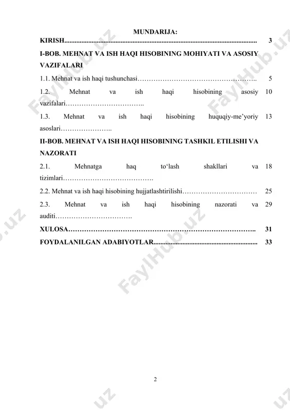 ti, hayot sifati va jamiyatdagi ijtimoiy barqarorlikni belgilovchi muhim omillardan biridir. shu bilan birga, ish haqi korxonalar xarajatlarining asosiy qismini tashkil etadi, bu esa korxonaning moliyaviy holatiga, rentabelligiga va iqtisodiy barqarorligiga bevosita ta'sir ko‘rsatadi. aynan shu sababli mehnat va ish haqi hisobining aniq va shaffof yuritilishi nafaqat xodimlar manfaatlari, balki korxona va davlat darajasida ham muhim hisoblanadi. hozirgi vaqtda mehnat va ish haqi hisobini yuritishda zamonaviy buxgalteriya dasturlaridan foydalanish, mehnat qonunchiligidagi o‘zgarishlarni hisobga olish, xodimlar bilan hisob-kitoblarning to‘g‘ri amalga oshirilishini ta’minlash zarur. bu yo‘nalishda hisob yuritishning aniqligi, belgilangan me’yor va talablarga qat’iy rioya qilish, hujjatlarning to‘g‘ri shakllantirilishi hamda nazorat mexanizmlarining mavjudligi alohida o‘rin tutadi. mehnat va ish haqi hisobining davlat soliqlari, ijtimoiy ajratmalar, pensiya va boshqa fondlarga ajratmalar kabi fiskal majburiyatlar bilan bevosita bog‘liqligi uni yanada dolzarb qilmoqda. zero, hisob-kitoblarda yo‘l qo‘yilgan xatoliklar nafaqat korxonaning moliyaviy jarayonlariga, balki xodimlarning huquqlariga ham jiddiy ta’sir ko‘rsatishi mumkin. shu jihatdan olib qaralganda, ushbu …