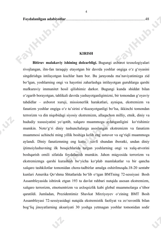 ildizini boshqa omillar bilan birga, jaholat va murosasizlik tashkil etadi. shu munosabat bilan odamlar, birinchi navbatda, yoshlarning ongu tafakkurini ma’rifat asosida shakllantirish va tarbiyalash eng muhim vazifadir[footnoteref:1]. [1: o‘zbekiston respublikasi prezidenti shavkat mirziѐyev 2017 yil 20 sentyabr bmt bosh assambleyasining 72- sessiyasida so‘zlagan nutqi «xalq so‘zi» toshkent. 2017.] ma’lumki, o‘zbekiston davlati mustaqillikning ilk kunlaridanoq o‘zining dinga munosabatini aniq va qat’iy belgilab oldi. davlatning dinga munosabati “inson e’tiqodsiz yashay olmaydi”, “dunyoviylik – dahriylik emas” degan aniq tamoyillar asosida belgilandi. bu tamoyil bosh qomusimiz konstitutsiya hamda “vijdon erkinligi va diniy tashkilotlar to‘g‘risida”gi qonunda o‘zining huquqiy ifodasini topgan. mustaqillik yillarida yoshlar masalasiga alohida e’tibor qaratilib, yurtimizda amalga oshirilayotgan islohotlarning muvafaqqiyatlaridan biri bо‘lgan yoshlarning ijtimoiy-psixologik muhitida notо‘g‘ri diniy tushunchalarning rolini о‘rganish, ulg‘ayib borayotgan yosh avlodni milliy va umuminsoniy qadriyatlar, milliy mustaqillik g‘oyasi, vatanga muhabbat va sadoqat ruhida tarbiyalash, ularni har tomonlama – jismoniy, ma’naviy va axloqiy kamolotga yetishi uchun barcha sharoitlarni yaratishga katta e’tibor …