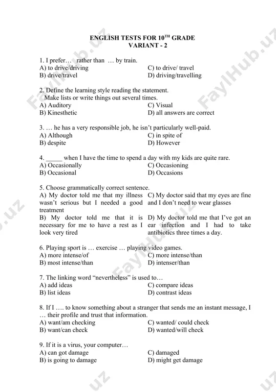 f c) more intense/than b) most intense/than d) intenser/than 7. the linking word “nevertheless” is used to… a) add ideas c) compare ideas b) list ideas d) contrast ideas 8. if i …. to know something about a stranger that sends me an instant message, i … their profile and trust that information. a) want/am checking c) wanted/ could check b) want/can check d) wanted/will check 9. if it is a virus, your computer… a) can got damage c) damaged b) is going to damage d) might get damage 10. in which sentence can you write: having? a) fiona decided _____ a shower after dinner c) i stopped work _______ a cup of coffee b) _______ children will change your life. d) don’t worry _______ stopped the test 11. you didn’t tell them about it. i wish you_________them about it a) told c) have told b) could tell d) had …
