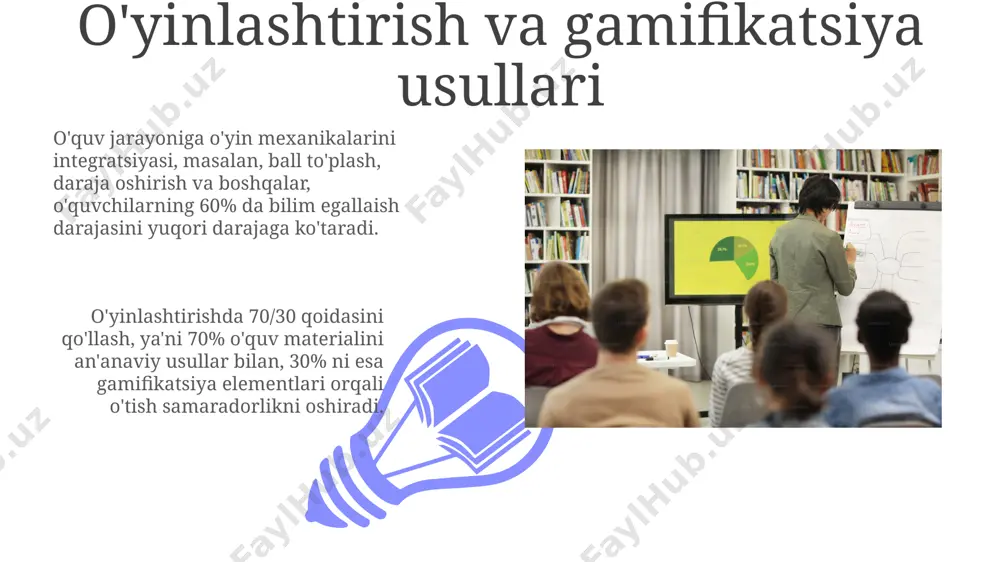 15-20% ga oshadi. innovatsion pedagogikada media vositalaridan foydalanish o'quv materiallarini interaktivlashtirish uchun "gamifikatsiya" texnikasini qo'llash va media resurslarini (virtual reallik, avgustlangan reallik) integratsiyalash orqali o'quv motivatsiyasi 25% ga oshadi. innovatsion pedagogikada o'quv jarayonini boyitish uchun kamida 3 ta turli media vositasi (masalan, video, audio, interfaol taxtalar) dan samarali foydalanish o'quvchilarning 70% gacha faol ishtirokini ta'minlaydi. onlayn ta'lim va masofaviy o'qitishdagi yangiliklar masofaviy o'qitishda vr/ar texnologiyalarining qo'llanilishi, o'quvchilarning 3d modellashtirish va simulyatsiya orqali mavzuni 3-5 baravar tezroq o'zlashtirishlariga yordam beradi. big data tahlili orqali olingan natijalarga asoslanib, 70% ga yaqin onlayn o'quv dasturlarida shaxsiylashtirilgan o'quv yo'nalishlari yaratilmoqda, bu esa o'quvchilarning individual ehtiyojlarini qondirishga yordam beradi. kreativlikni rivojlantirishda media vositalaridan foydalanish 01 02 media resurslaridan, masalan, 3d modellashtirish dasturlari yoki video tahrirlash vositalaridan foydalanish, o'quvchilarning muammolarni hal qilish qobiliyatini 20% ga oshirishi mumkin. sales 1st qtr 2nd qtr 100 0 sales 1st qtr 2nd qtr 100 0 e'tiboringiz uchun rahmat @taqdimot_robot image4.jpg …