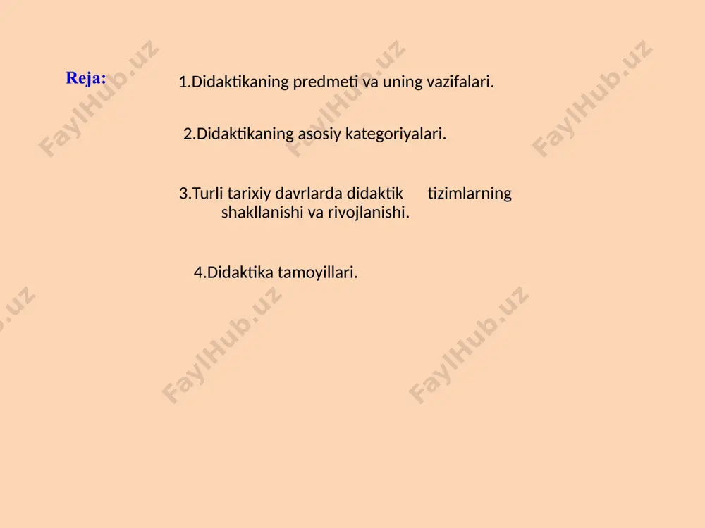 iyati. o‘rganish - anglash, mashq qilish, va egallangan tajribalar asosida xulq-atvor va faoliyatning yangi shakllarini egallash jarayoni, oldin egallanganlari o‘zgaradi. ta’lim - o‘qitish jarayonida egallanadigan bilim, ko‘nikma, malakalar, kompetensiya va fikrlash usullari tizimi. o‘qitish - qo‘yilgan maqsadga erishishga yo‘naltirilgan pedagog bilan o‘quvchilarning tartiblangan o‘zaro harakati. bilim-shaxsning ongida tushunchalar, sxemalar, ma’lum obrazlar ko’rinishida aks etuvchi borliq haqidagi tizimlashtirilgan ilmiy ma’lumotlar majmui. ko’nikma- shaxsning biror faoliyatni tashkil eta olish layoqati. маlаkа-ongli xatti-harakatning avtomatlashtirilgan tarkibiy qismi. kompetensiya - egallangan bilim, ko‘nikma va malakalarni kundalik va kasbiy faoliyatda qo‘llay olish layoqati. mazmun - o‘qitish jarayonida egallanishi lozim bo‘lgan ilmiy bilim, amaliy ko‘nikma va malakalar, faoliyat, fikrlash usullari tizimi. maqsad - o‘ qitishning nimaga qaratilganligi, uning kuchlari kelgusida qay yo‘sinda safarbar etilishi. tashkil etish - qo‘yilgan maqsadni samarali amalga oshirish uchun unga zaruriy shaklni taqdim etadigan, aniq mezonlar bo‘yicha tartiblangan didaktik jarayon. ta’lim shakli ta’lim jarayonining tashkiliy qurilishi ta’lim metodlari ta’lim jarayonida qo’llanilib, uning samarasini …